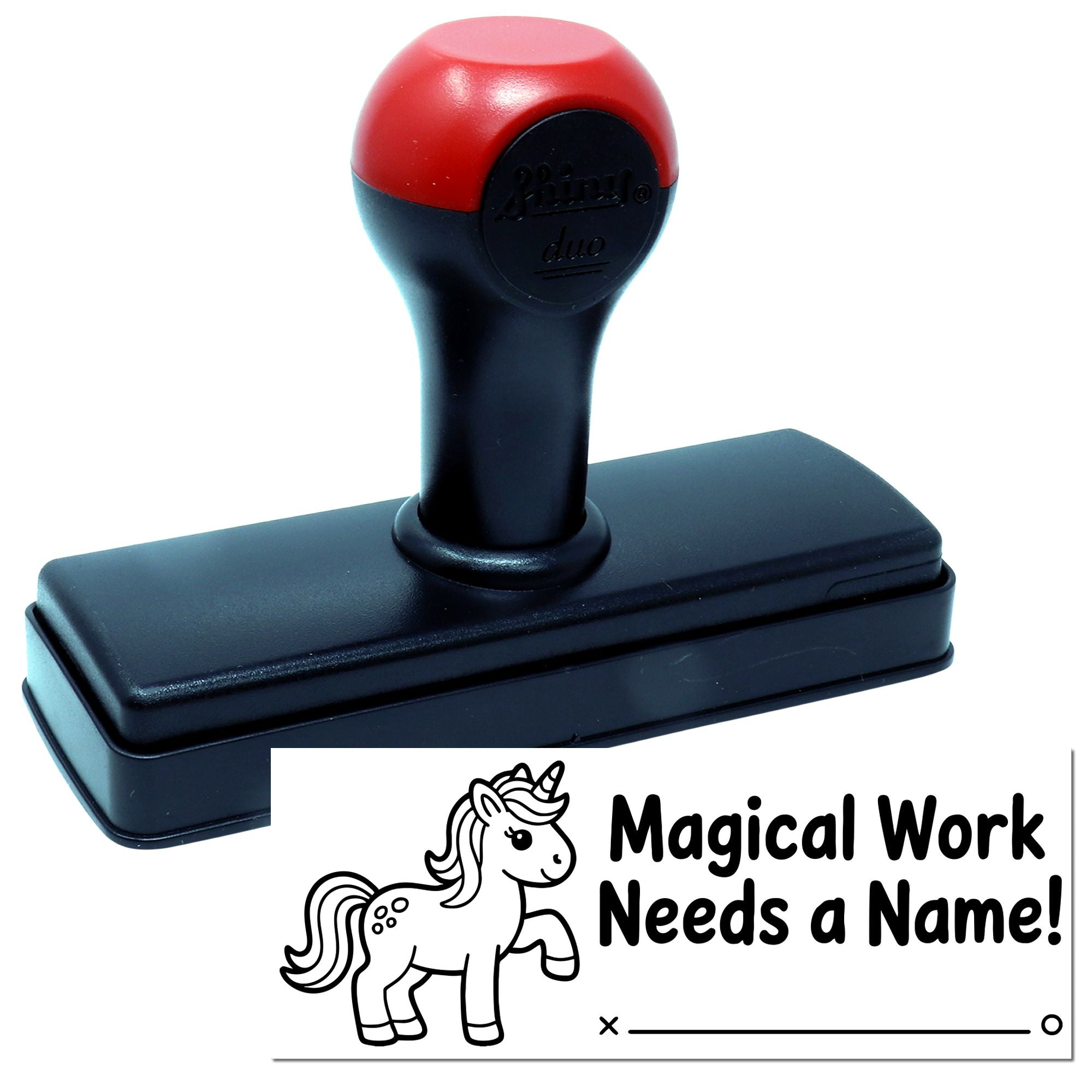 Unicorn self-inking rubber stamp for kids schoolwork, with personalized Magical Work Needs a Name! name label.