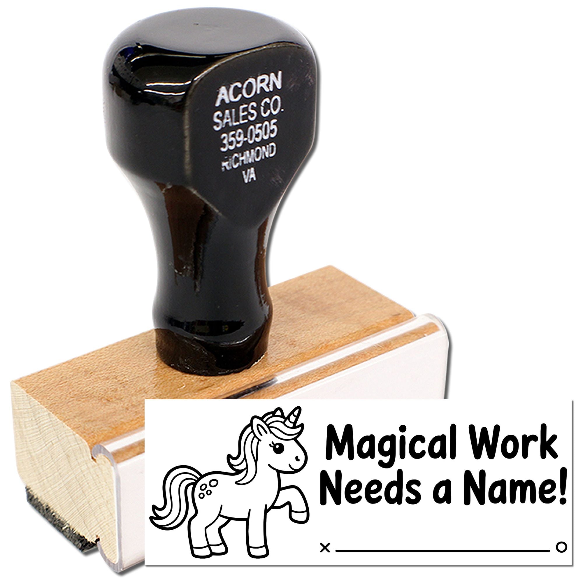 Custom unicorn rubber stamp with Magical Work Needs a Name! design for kids crafts, business branding, and name labeling.