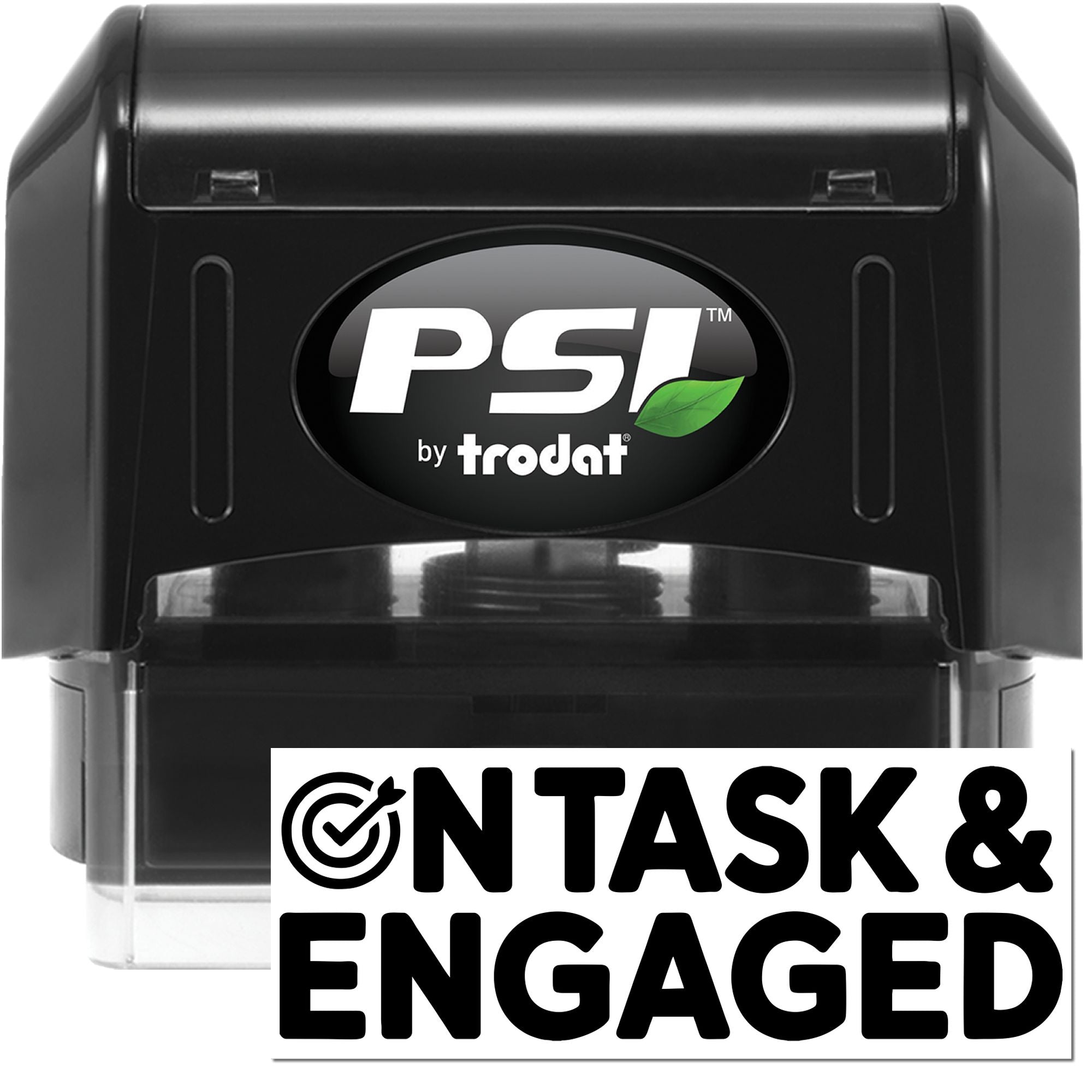 PSI by Trodat self-inking rubber stamp with Notask & Engaged imprint for office task status and project tracking.