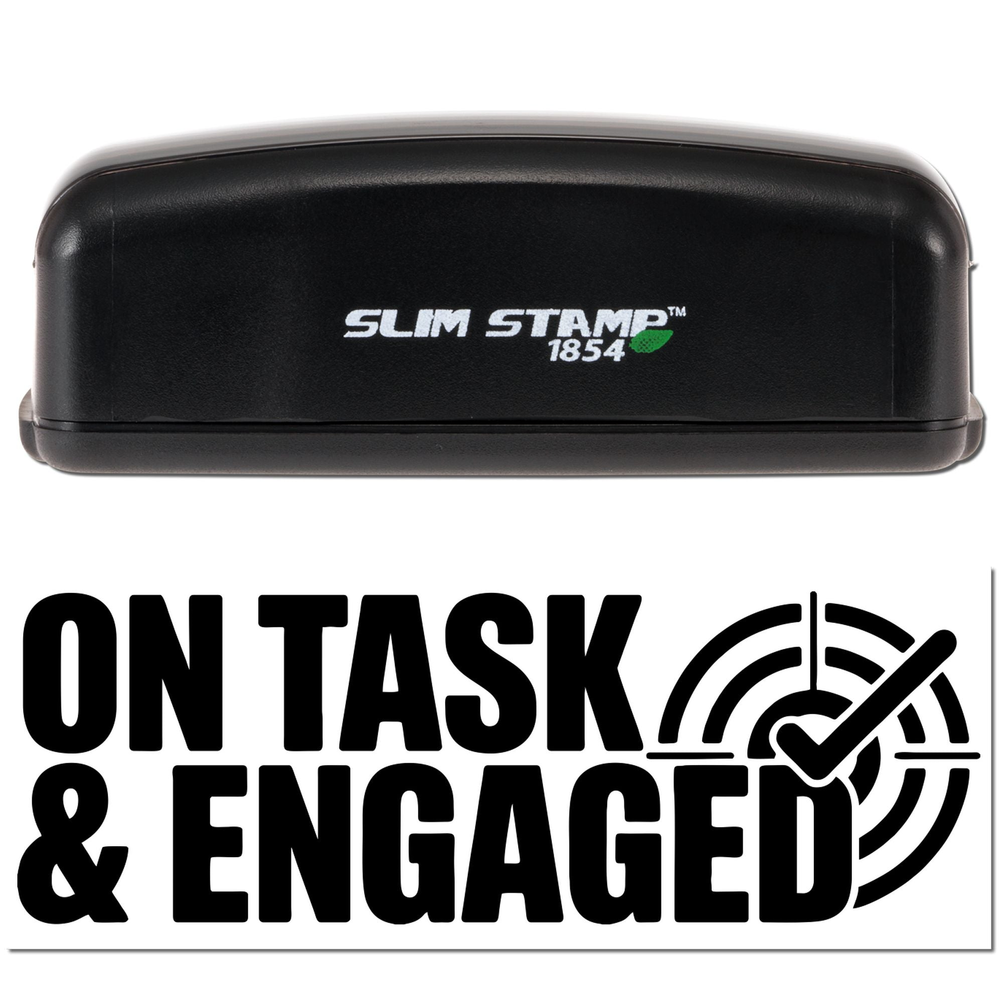 Slim Stamp 1854 rubber stamp for teachers, featuring On Task & Engaged message with checkmark.