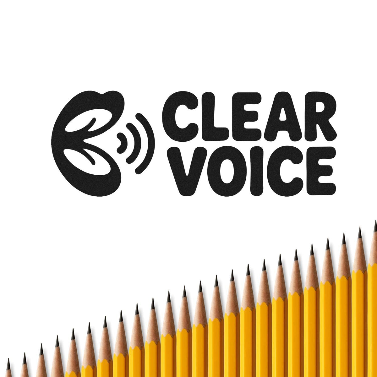 Clear Voice rubber stamp design with sound icon and bold text for communication, feedback, and speech-related projects.