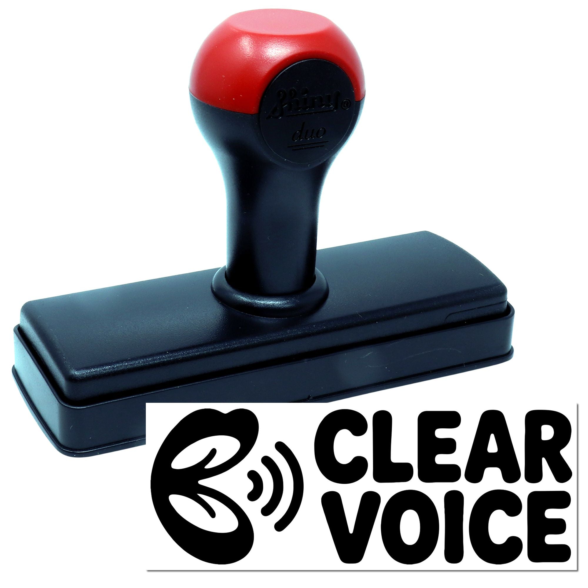 Custom self-inking rubber stamp with Clear Voice logo for business branding, office use, and crisp impressions.