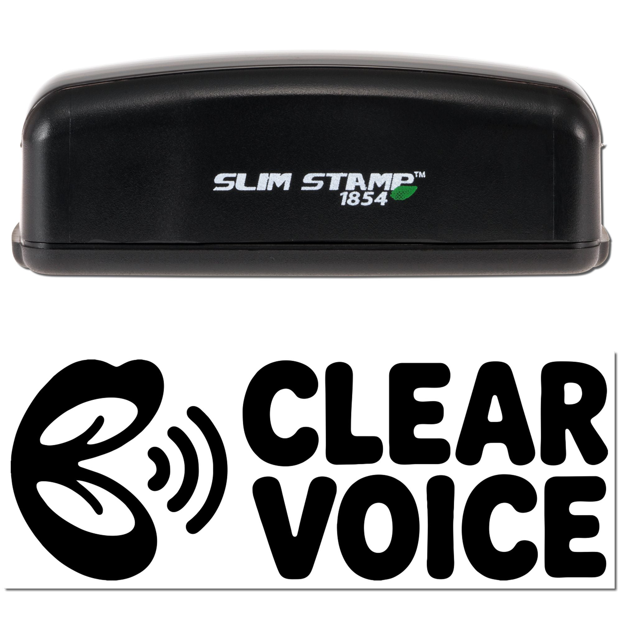 Custom Clear Voice logo rubber stamp with Slim Stamp 1854 self-inking case for branded office marking.