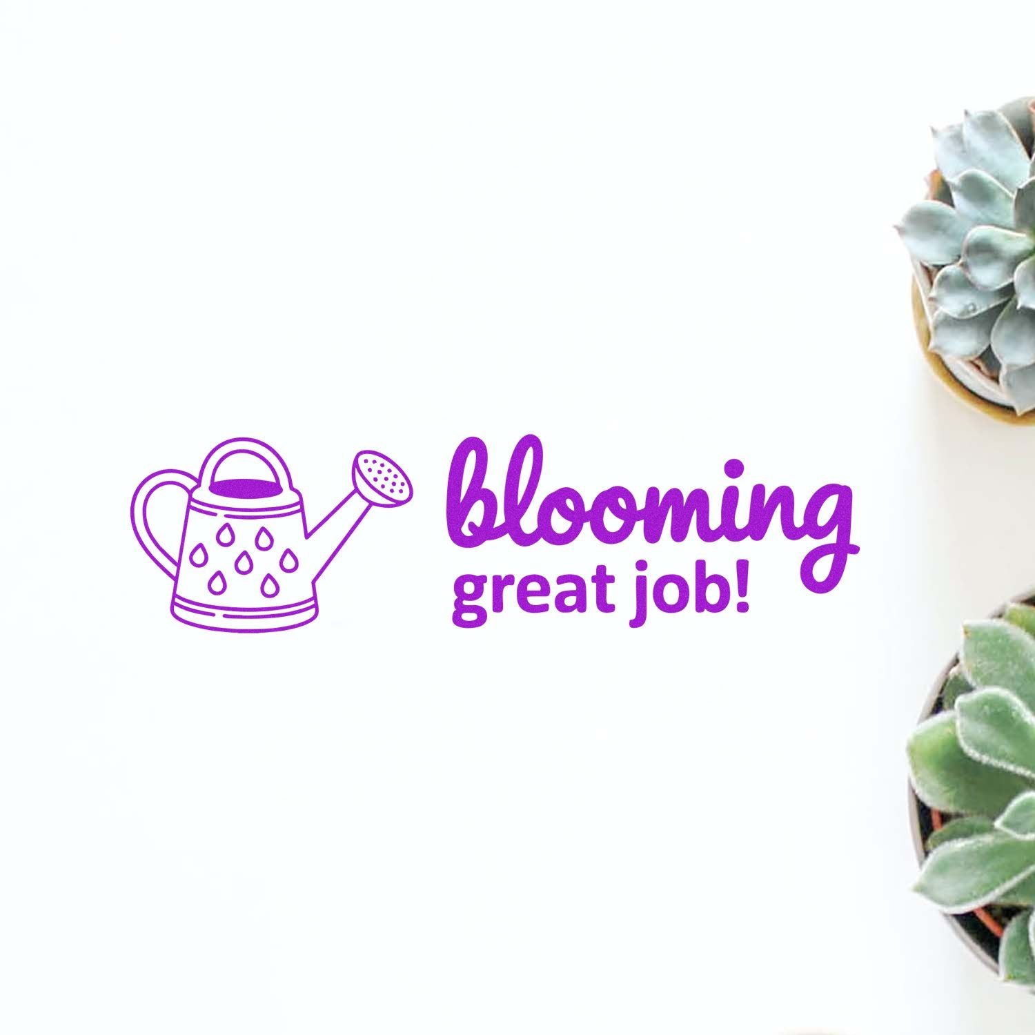 Blooming great job rubber stamp with watering can icon, ideal for gardening praise, teacher rewards, and notes.
