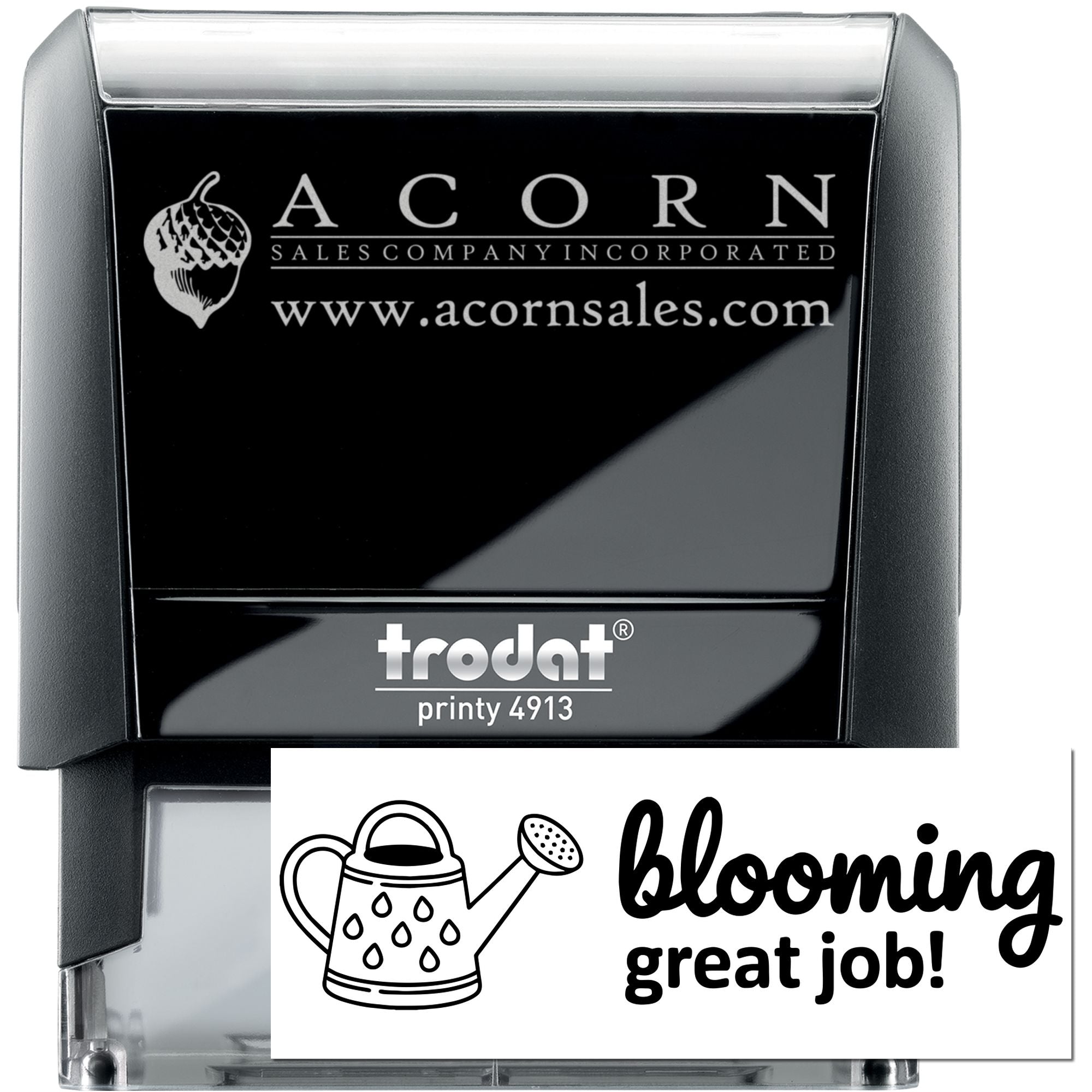 Custom Trodat Printy 4913 self-inking rubber stamp showing Acorn Sales logo and a blooming great job! imprint.