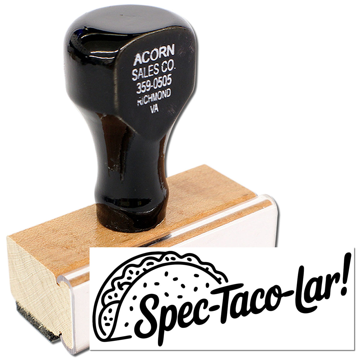 Custom rubber stamp with taco logo and Acorn Sales Co. address imprint for business branding.