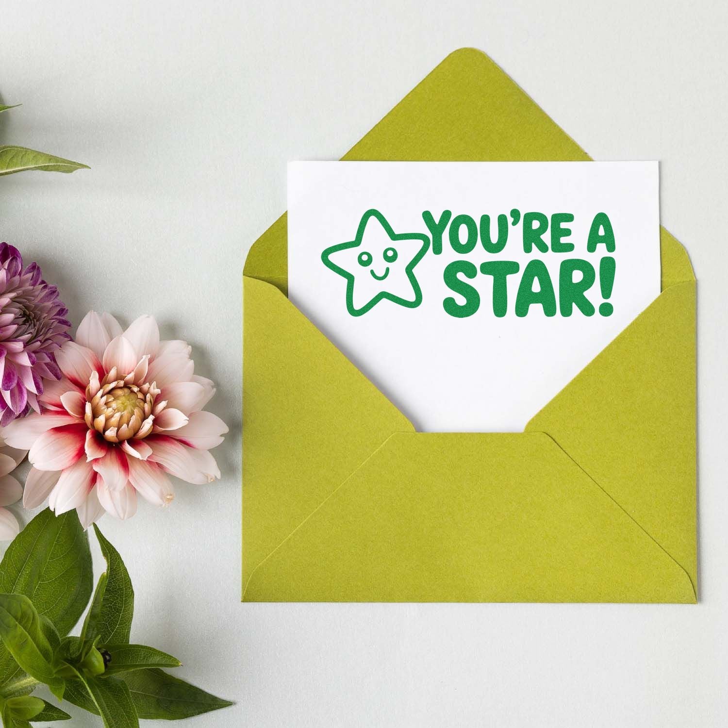Cheerful You're a Star rubber stamp on greeting card in lime envelope, ideal for thank you or encouragement notes.