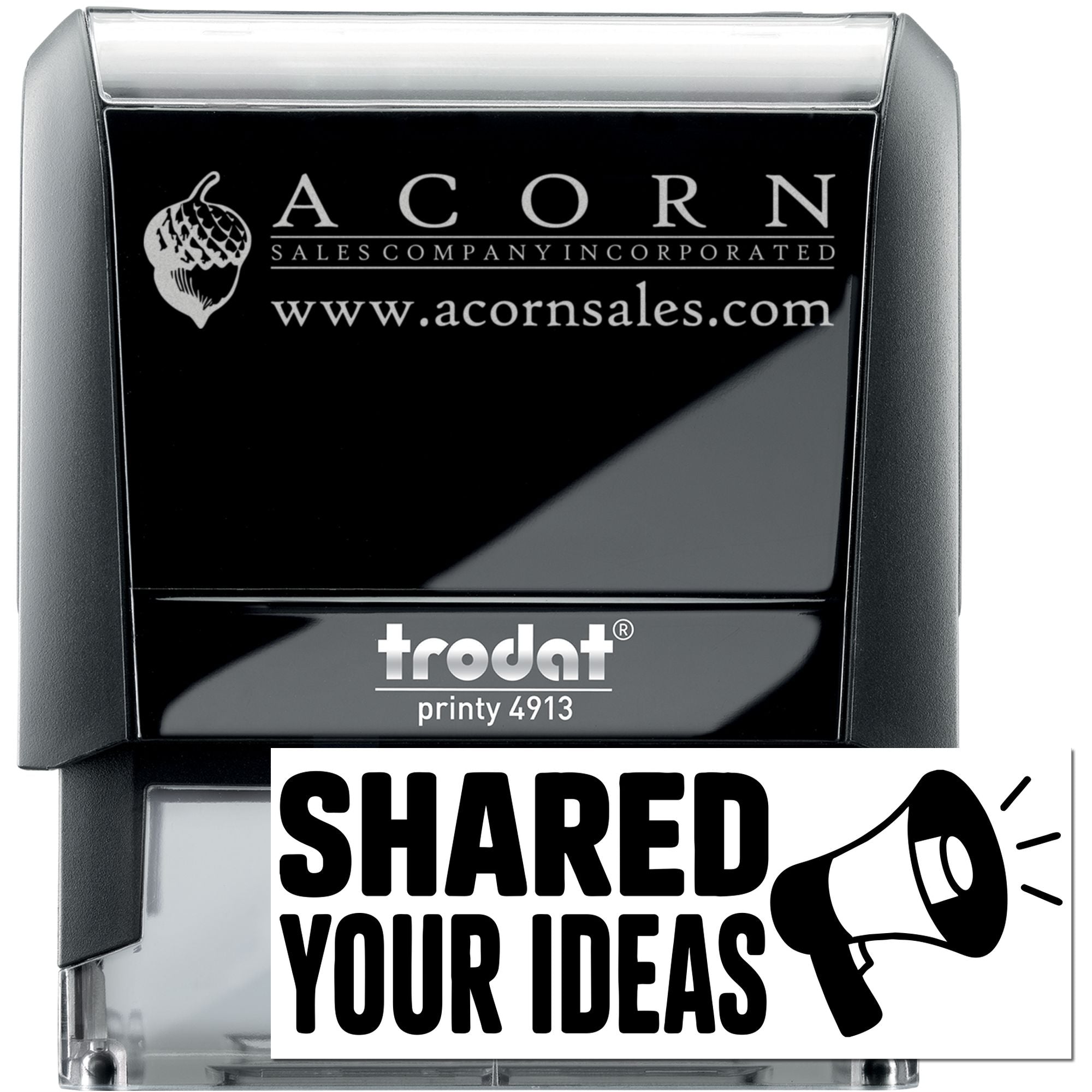 Custom self-inking rubber stamp with Acorn Sales logo and website, Trodat Printy 4913 for business branding.