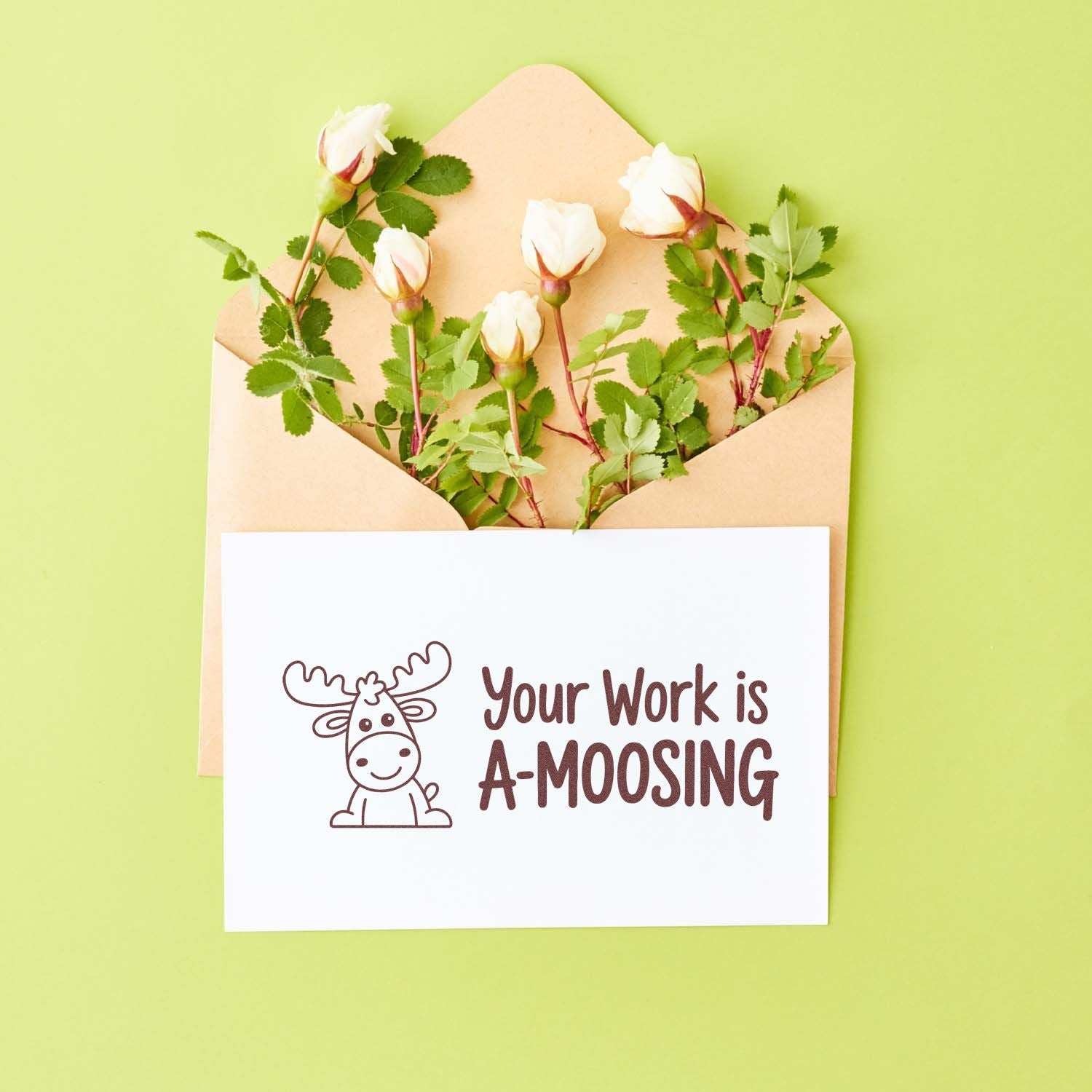 Moose pun rubber stamp with Your Work is A-Moosing for funny handmade cards and thank-you notes.
