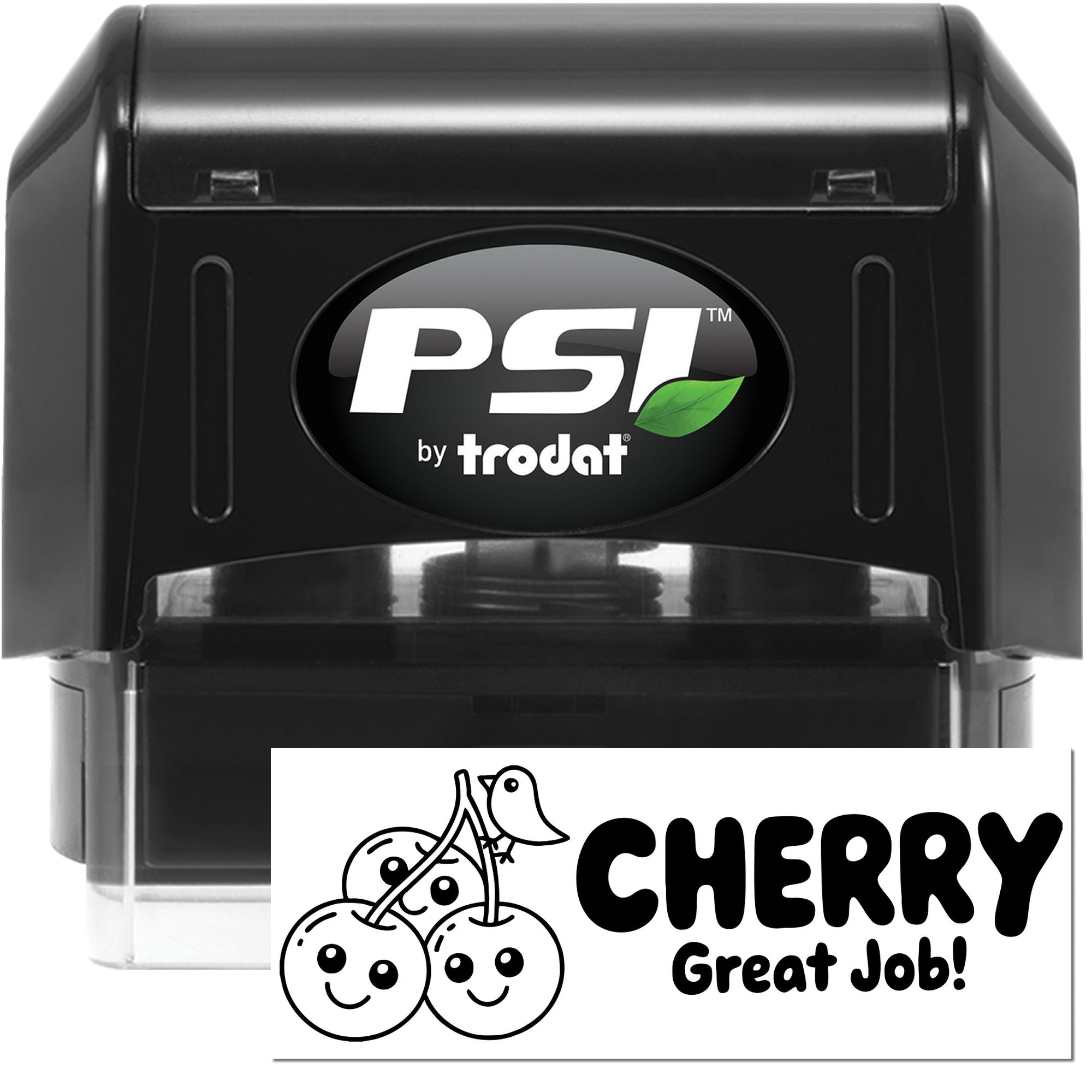 PSI by Trodat self-inking rubber stamp with custom Cherry Great Job! design for teacher rewards and office approvals