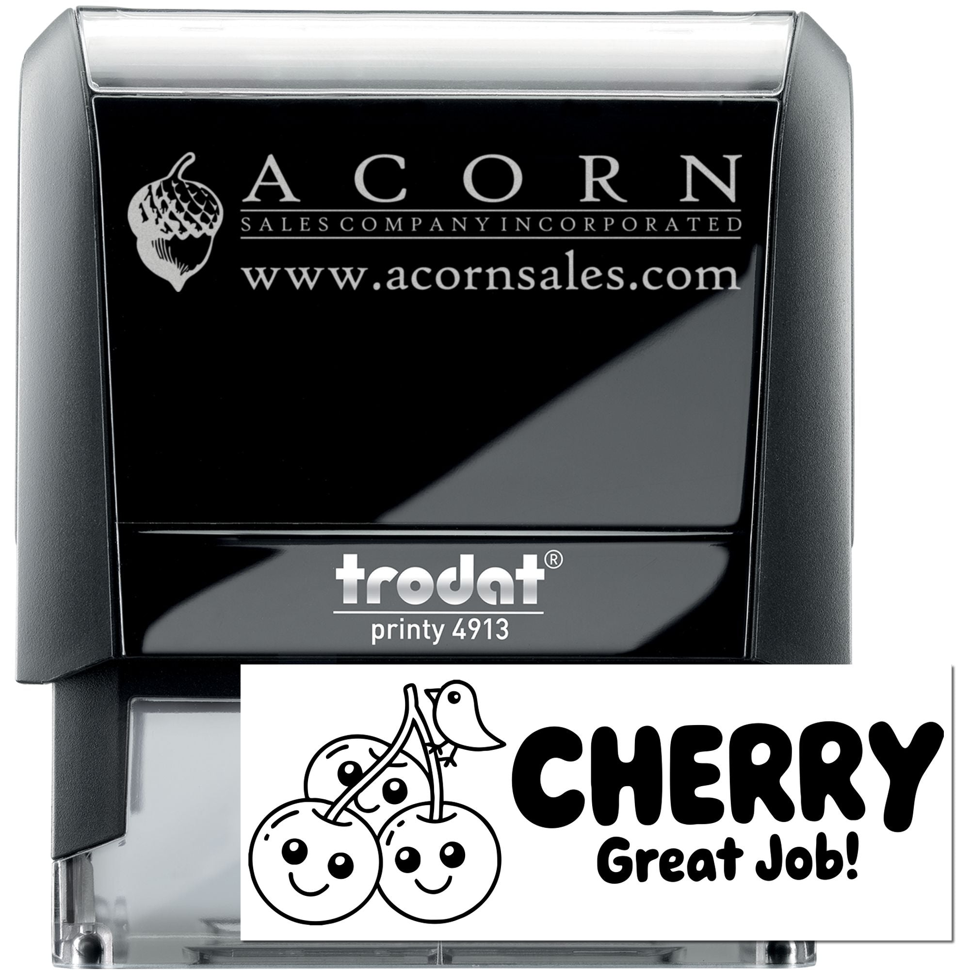 Custom Trodat Printy 4913 self-inking rubber stamp with Acorn Sales logo and Cherry Great Job design for branding.