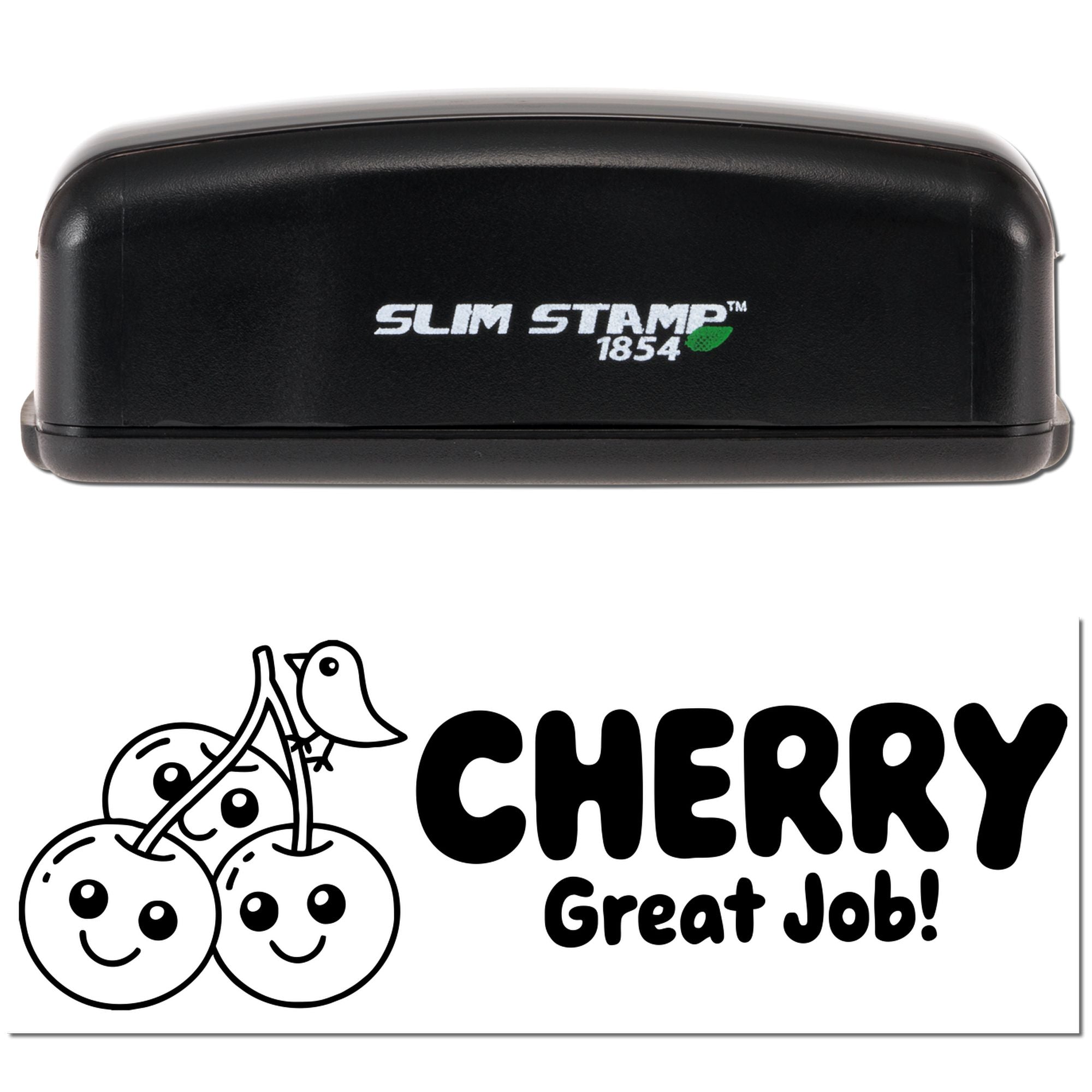 Slim Stamp 1854 self-inking rubber stamp with cherry Great Job! design for classroom praise and rewards.
