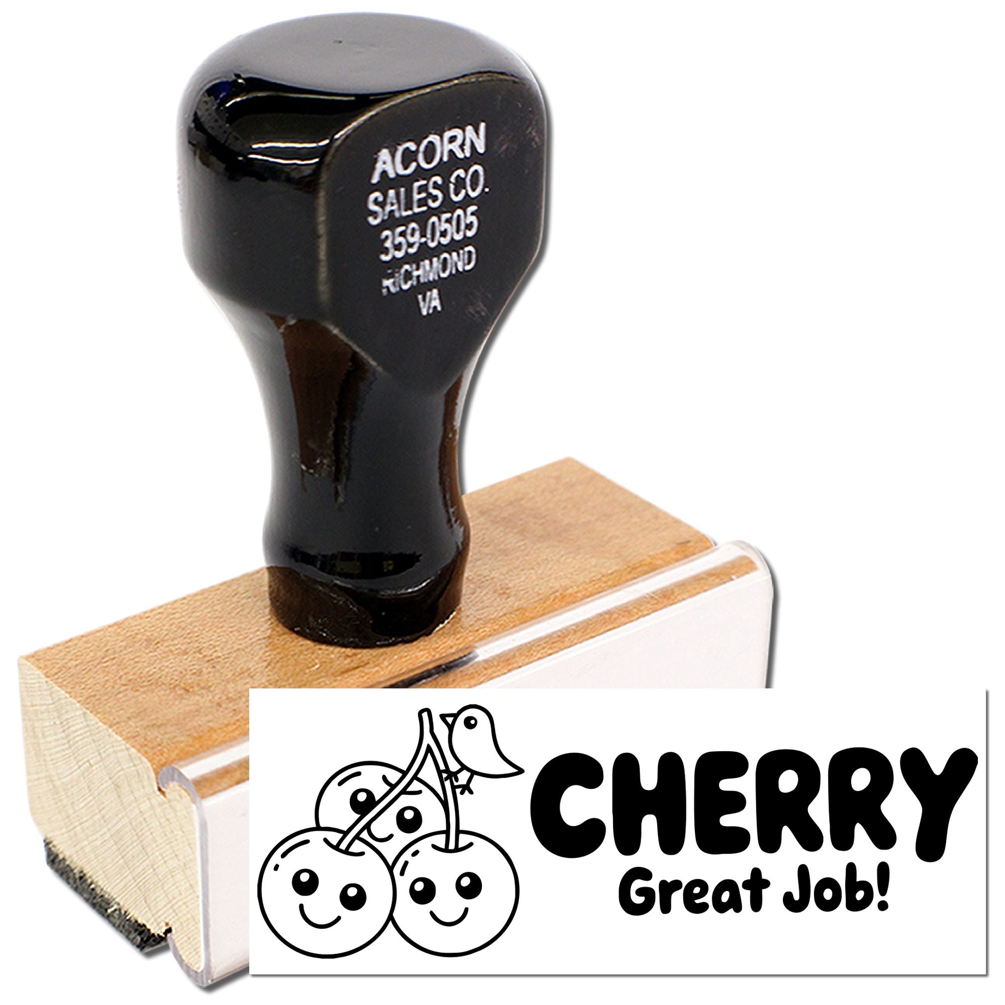 Custom cherry rubber stamp with Great Job! message for teacher rewards, crafts, and business packaging.