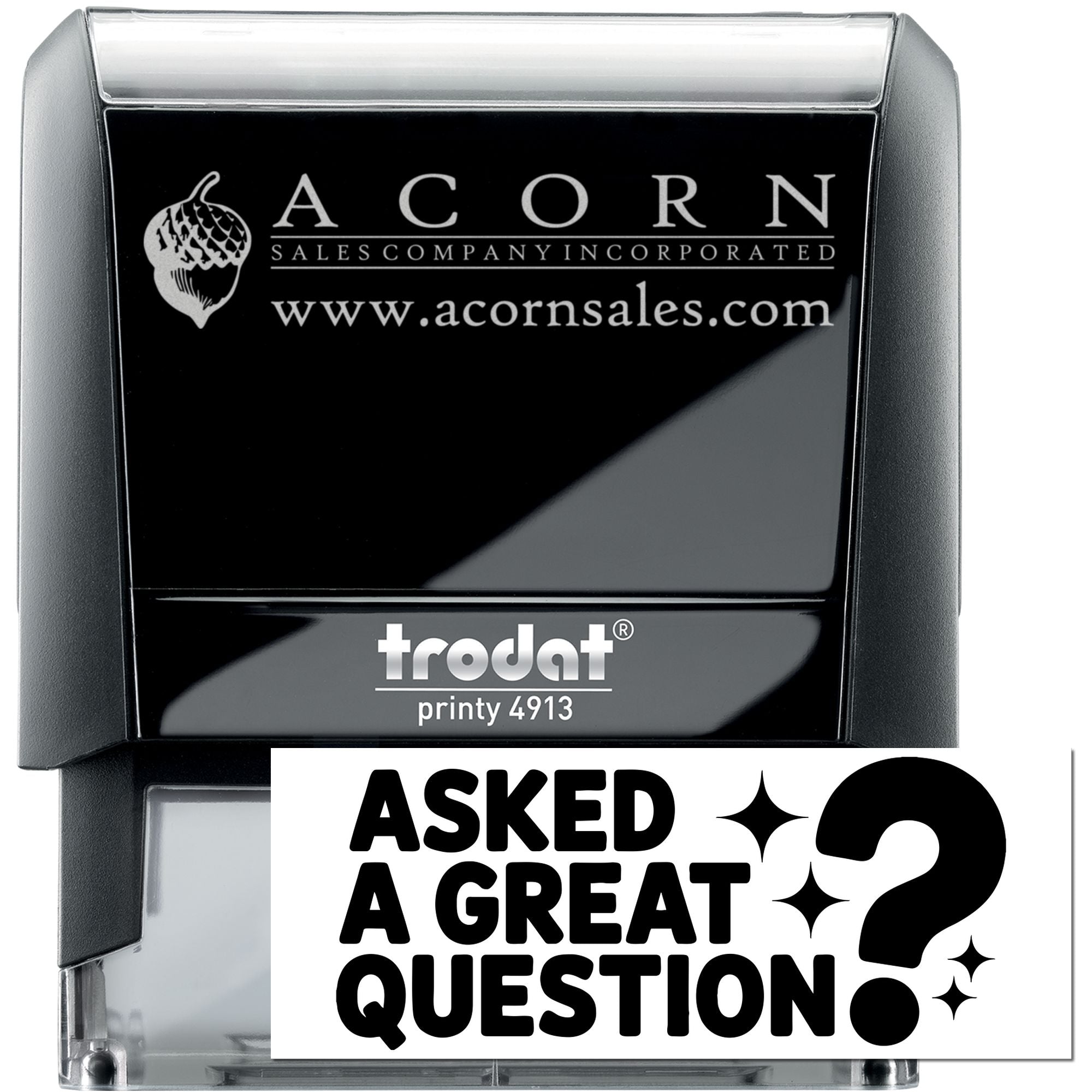 Trodat Printy 4913 custom self-inking rubber stamp with Acorn Sales Company logo and website print.