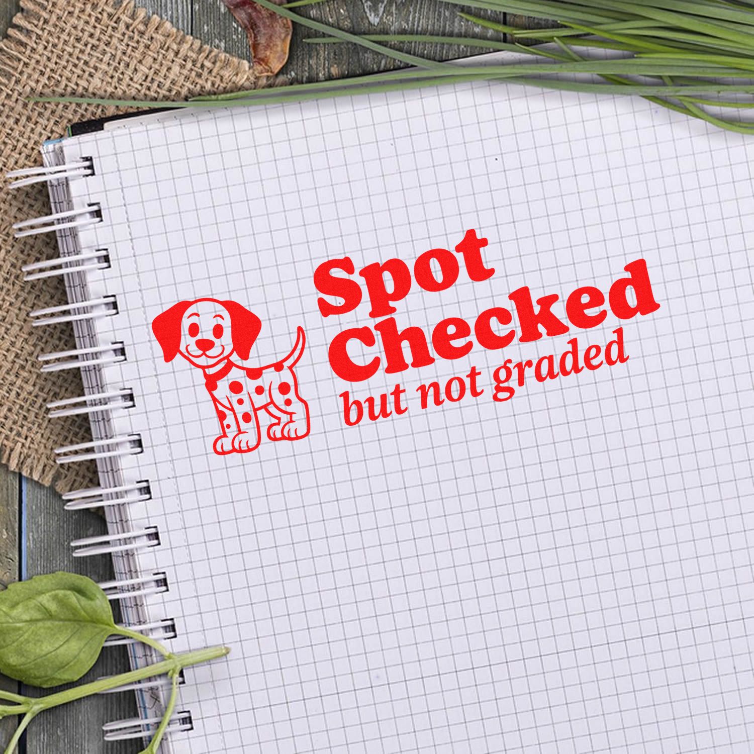 Red dog rubber stamp design reading Spot Checked but not graded on notebook, ideal for pet-themed teacher stamps.