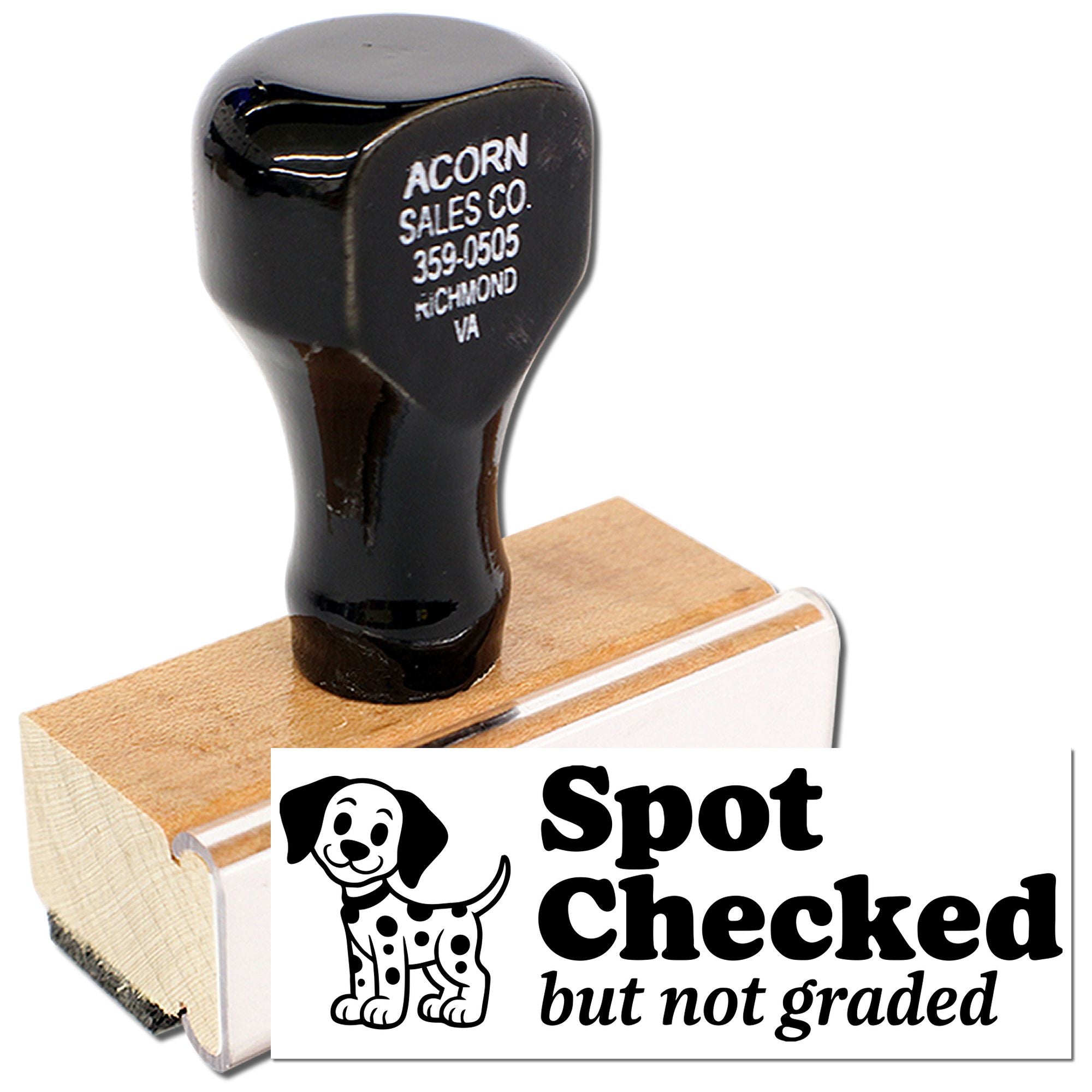 Custom teacher rubber stamp with dog graphic and Spot Checked but not graded message for grading work.
