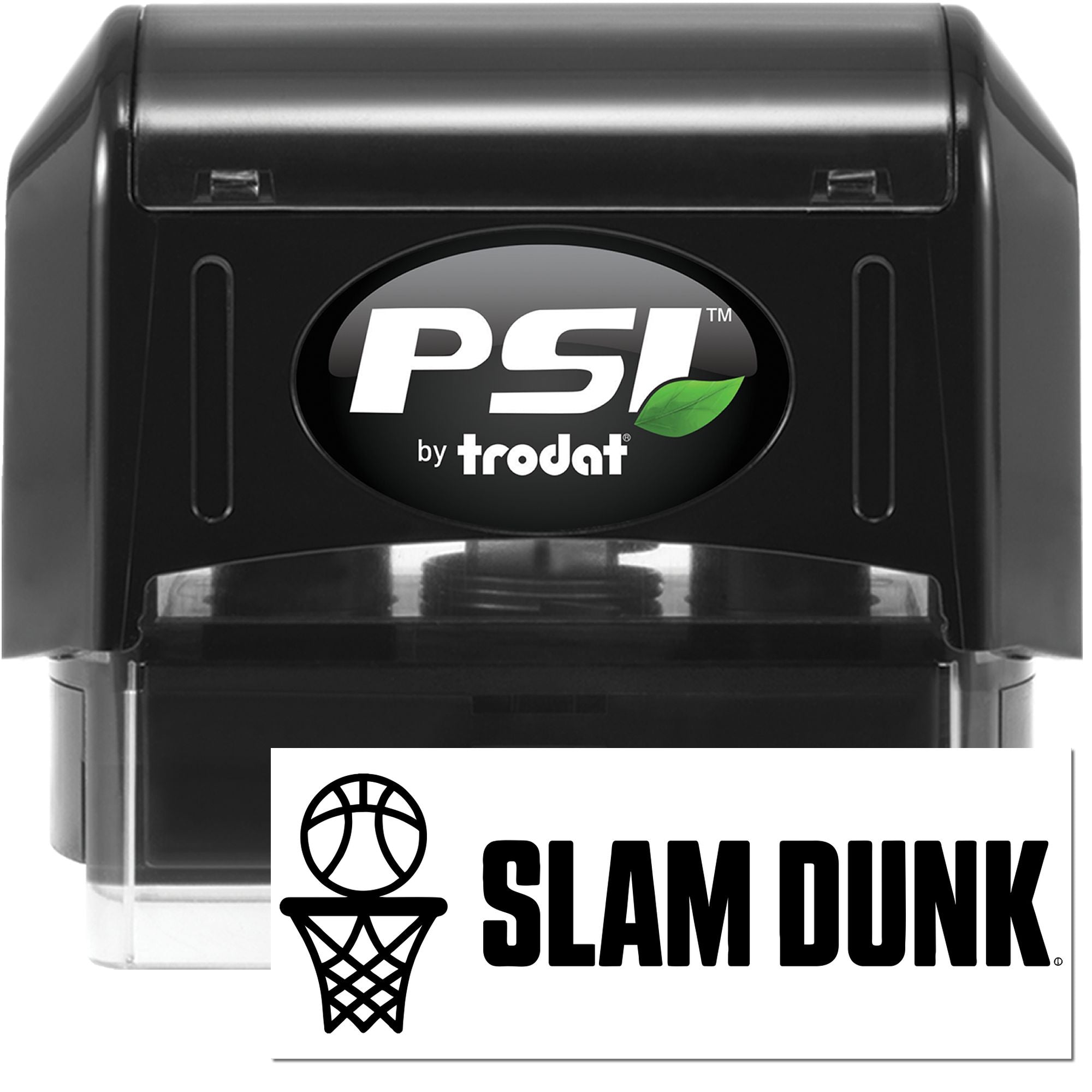 PSI by Trodat custom rubber stamp with Slam Dunk basketball logo for sports branding and imprinting.