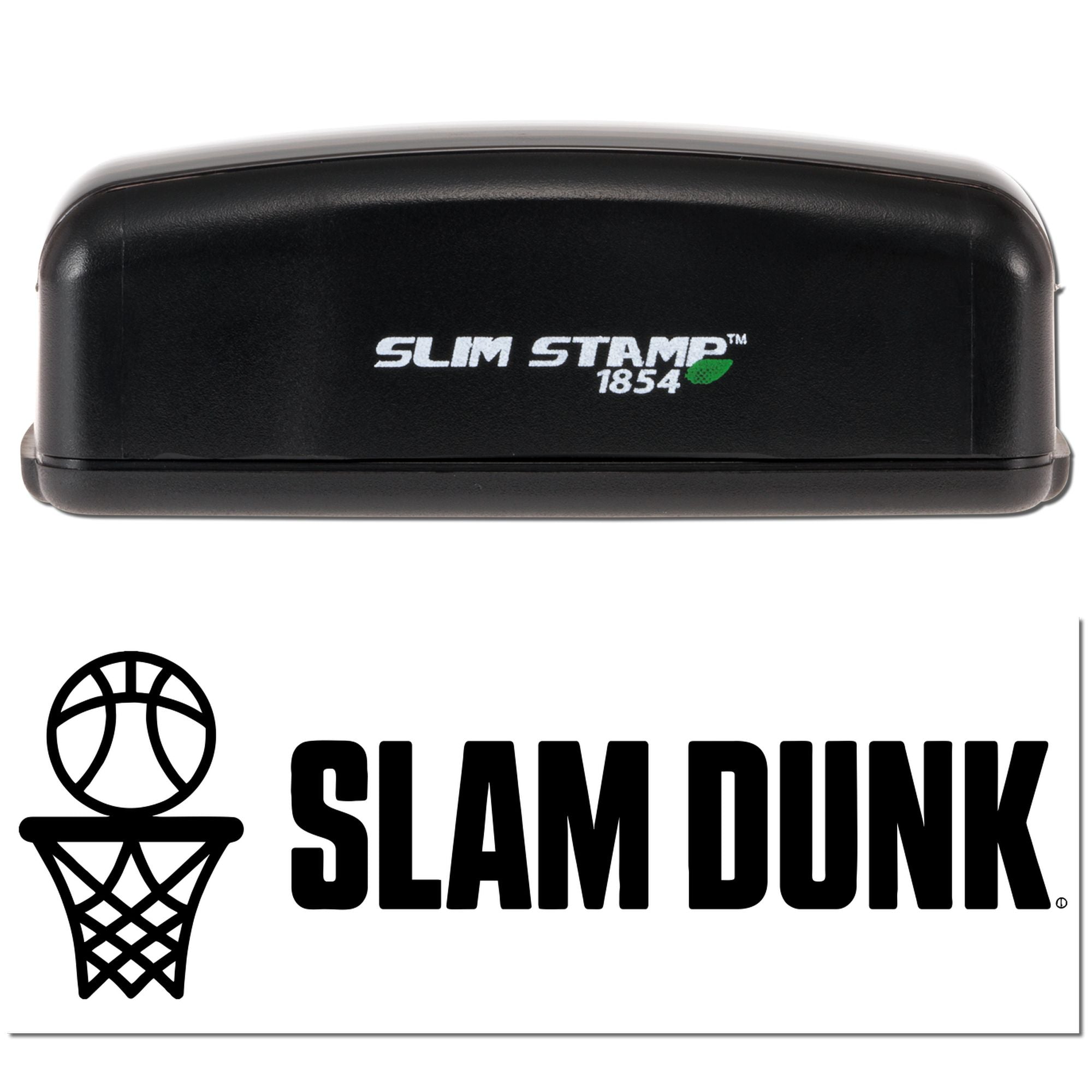 Slim Stamp 1854 basketball Slam Dunk rubber stamp, compact self-inking stamp for sports-themed branding.