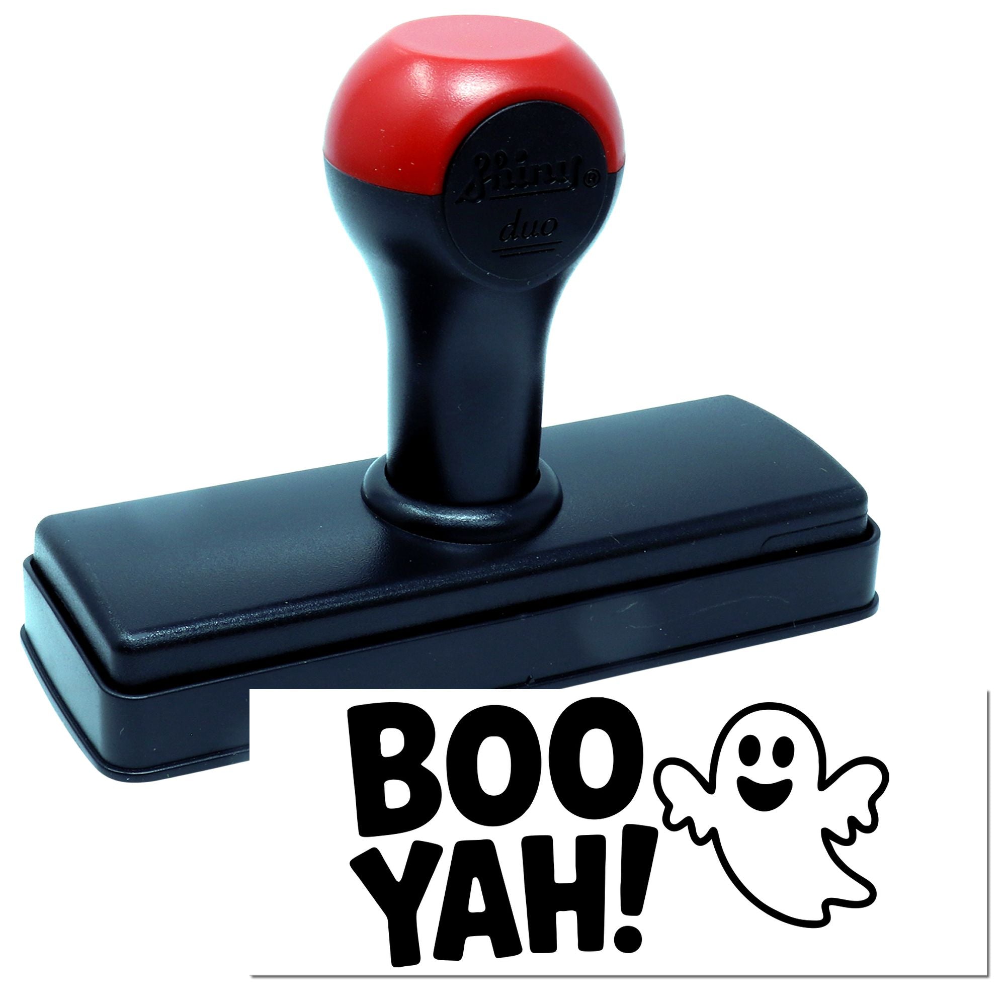 Self-inking rubber stamp with BOO YAH! ghost imprint for Halloween crafts, party favors, and office fun.