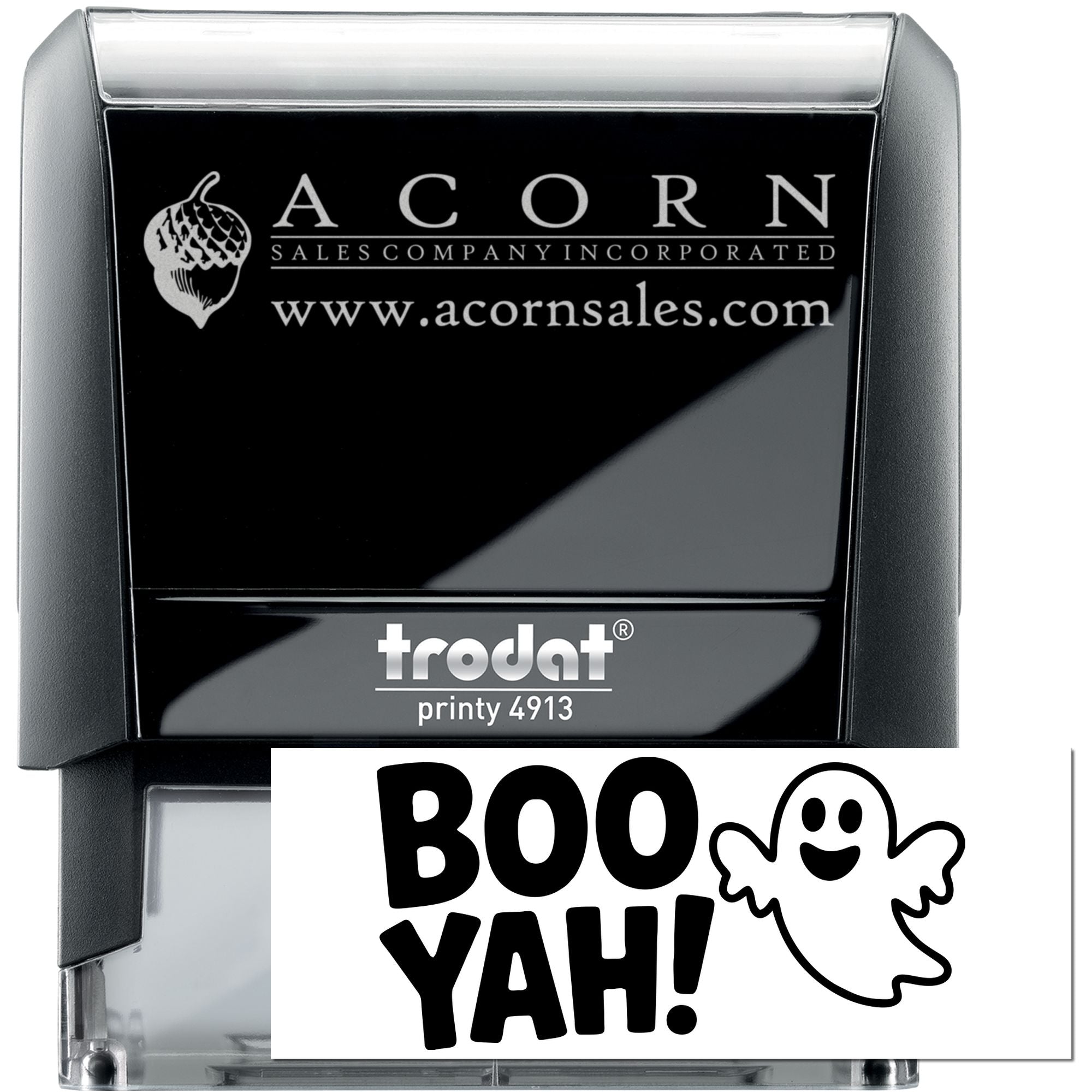 Custom self-inking rubber stamp with ACORN logo and website, shown with Trodat Printy 4913 and Boo Yah ghost design.