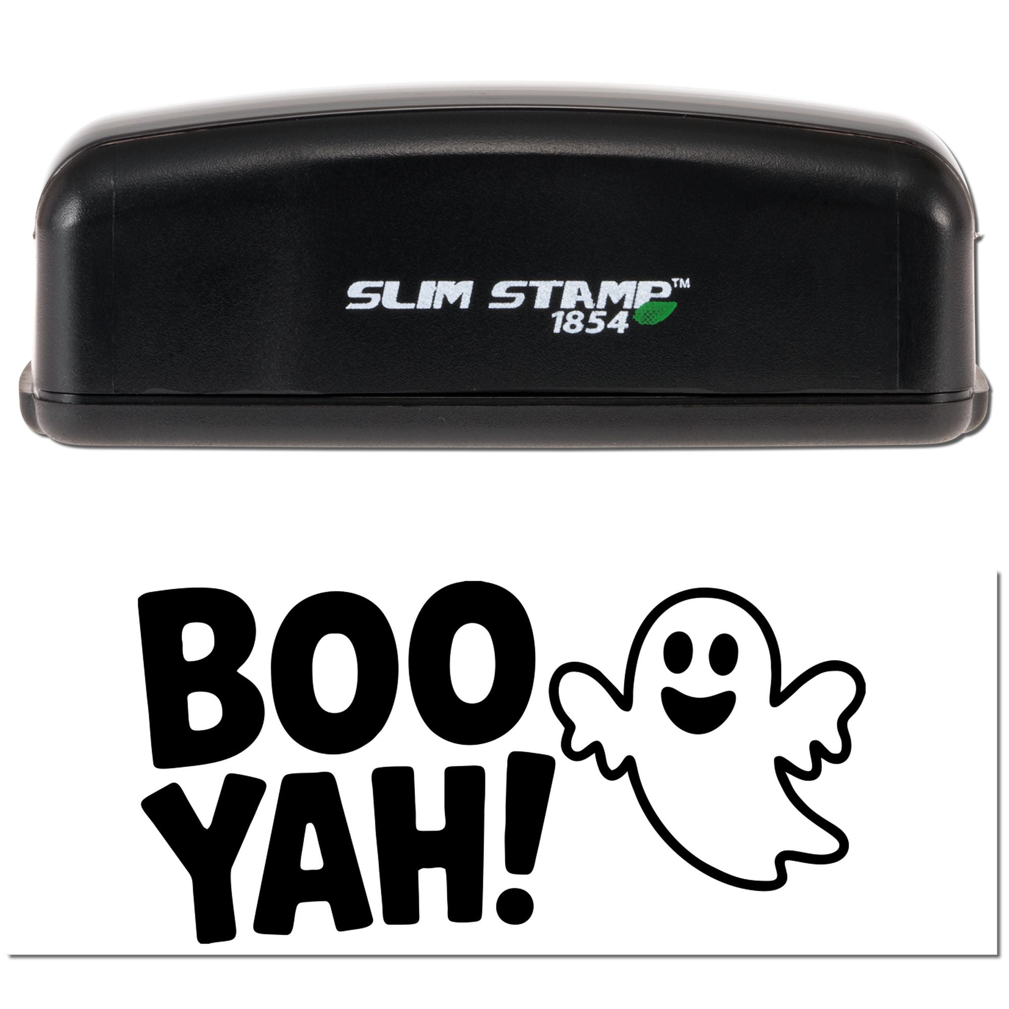 Slim Stamp 1854 custom rubber stamp with Boo Yah ghost design for Halloween cards, crafts, and playful stamping projects.