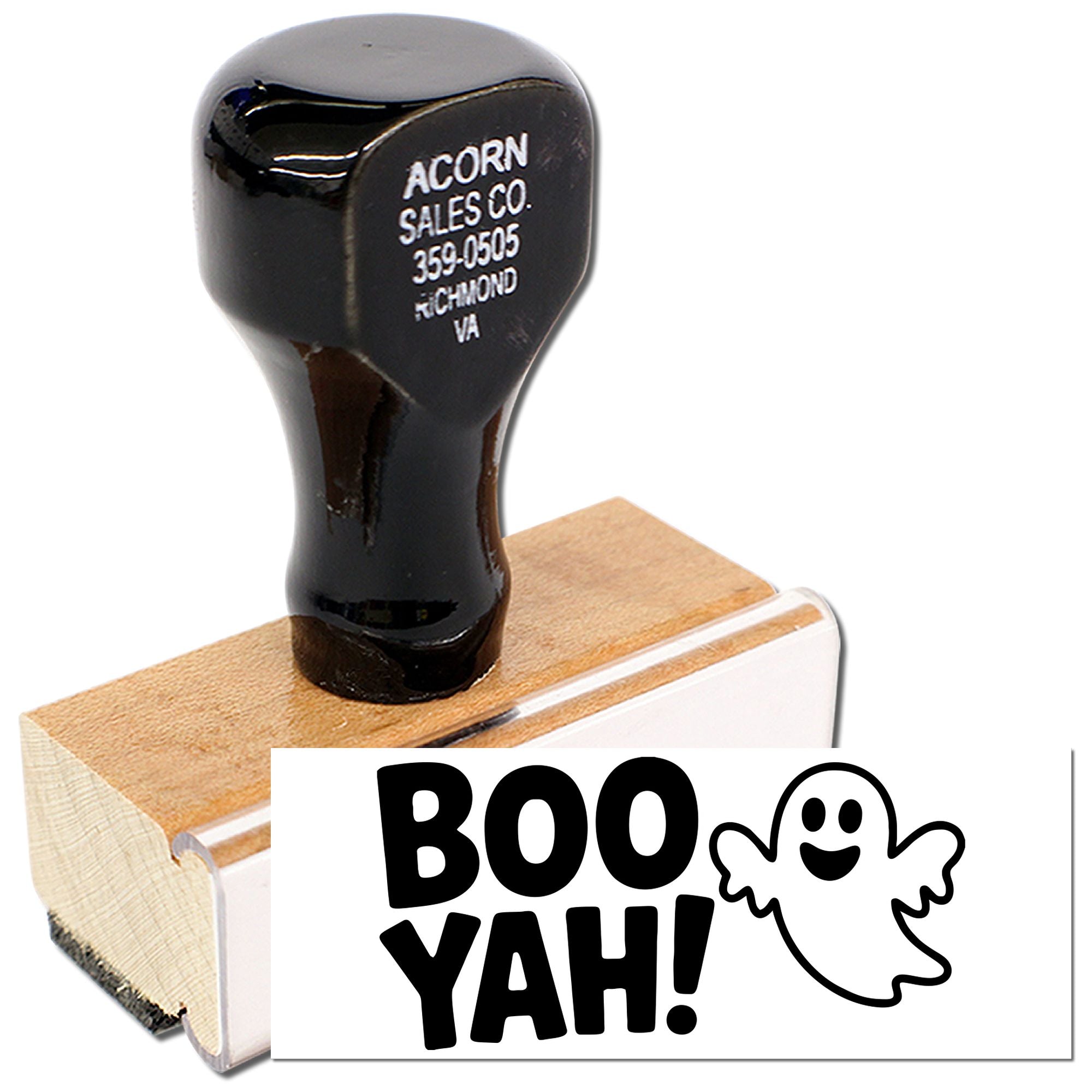Custom rubber stamp with Boo Yah ghost design and personalized business stamp, ideal for Halloween crafts and branding.