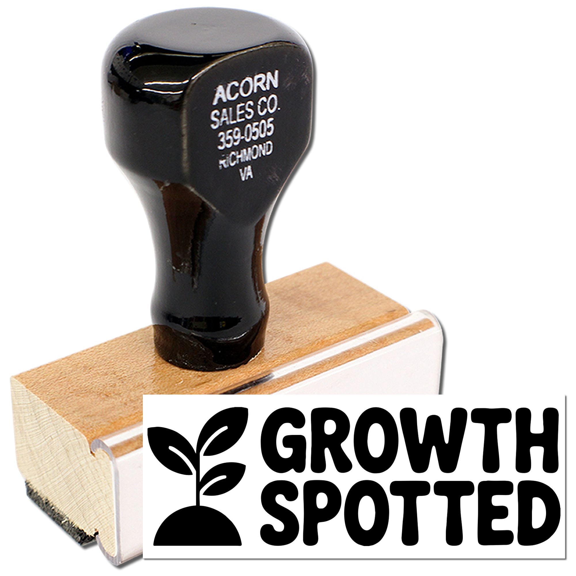 Custom wooden rubber stamp with Growth Spotted sprout design for eco-friendly branding, packaging, and business use.