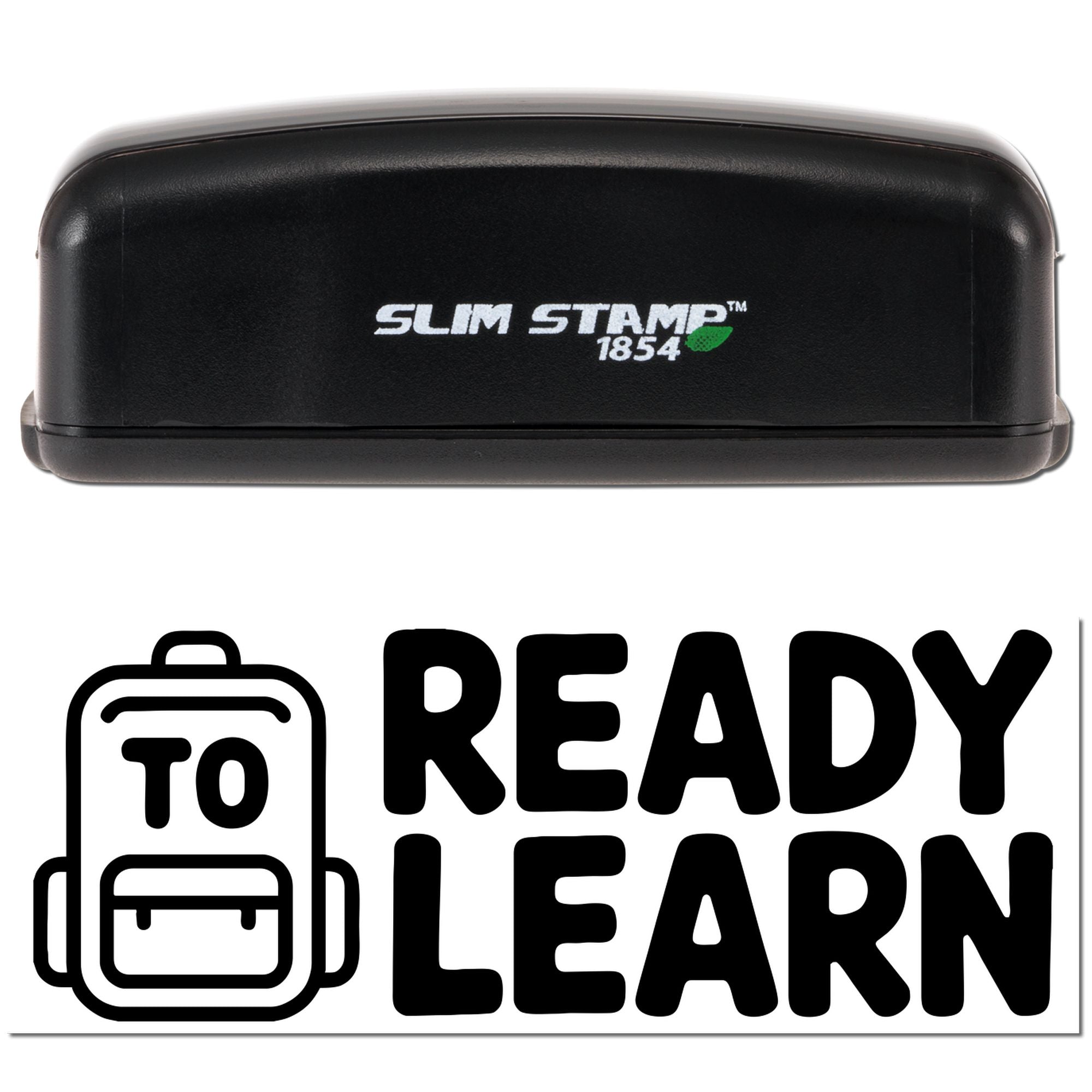 Custom self-inking rubber stamp with Ready Learn backpack design for classroom, school supplies, or teacher rewards.