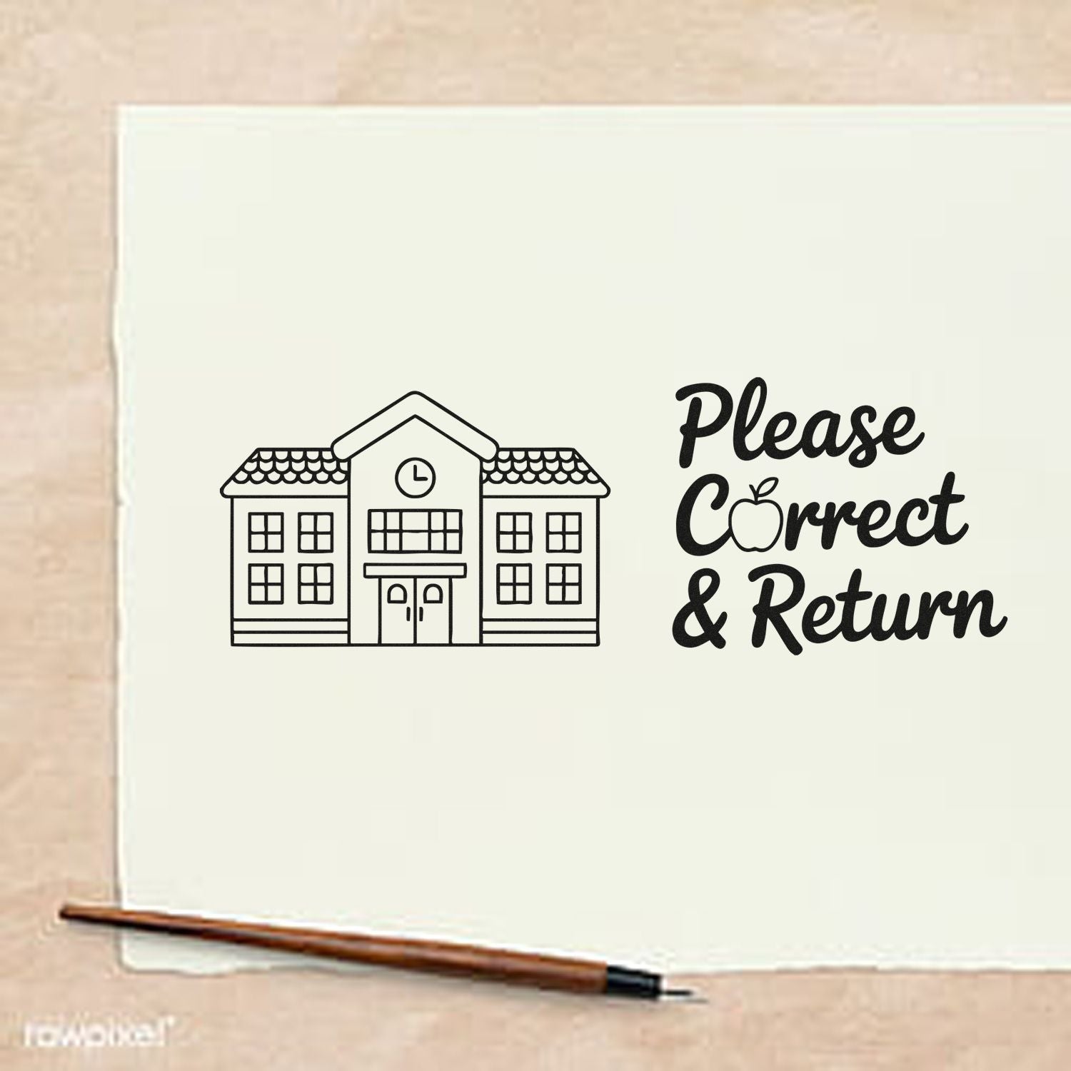 Teacher rubber stamp design with schoolhouse icon and Please Correct & Return text for student papers.