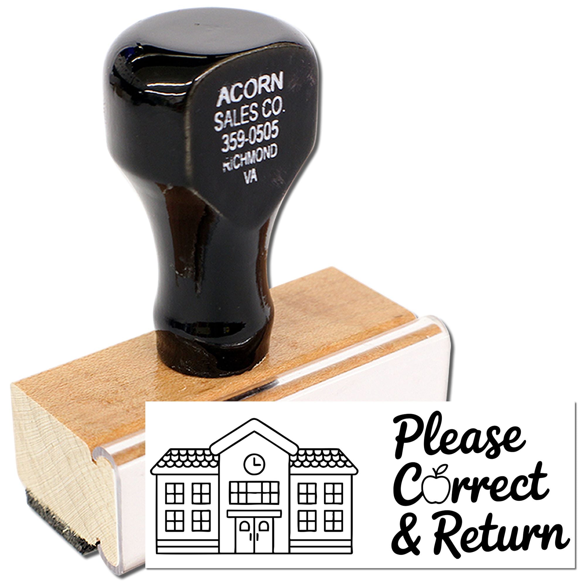 Custom rubber stamp with schoolhouse design and Please Correct & Return text for teacher feedback and document corrections.