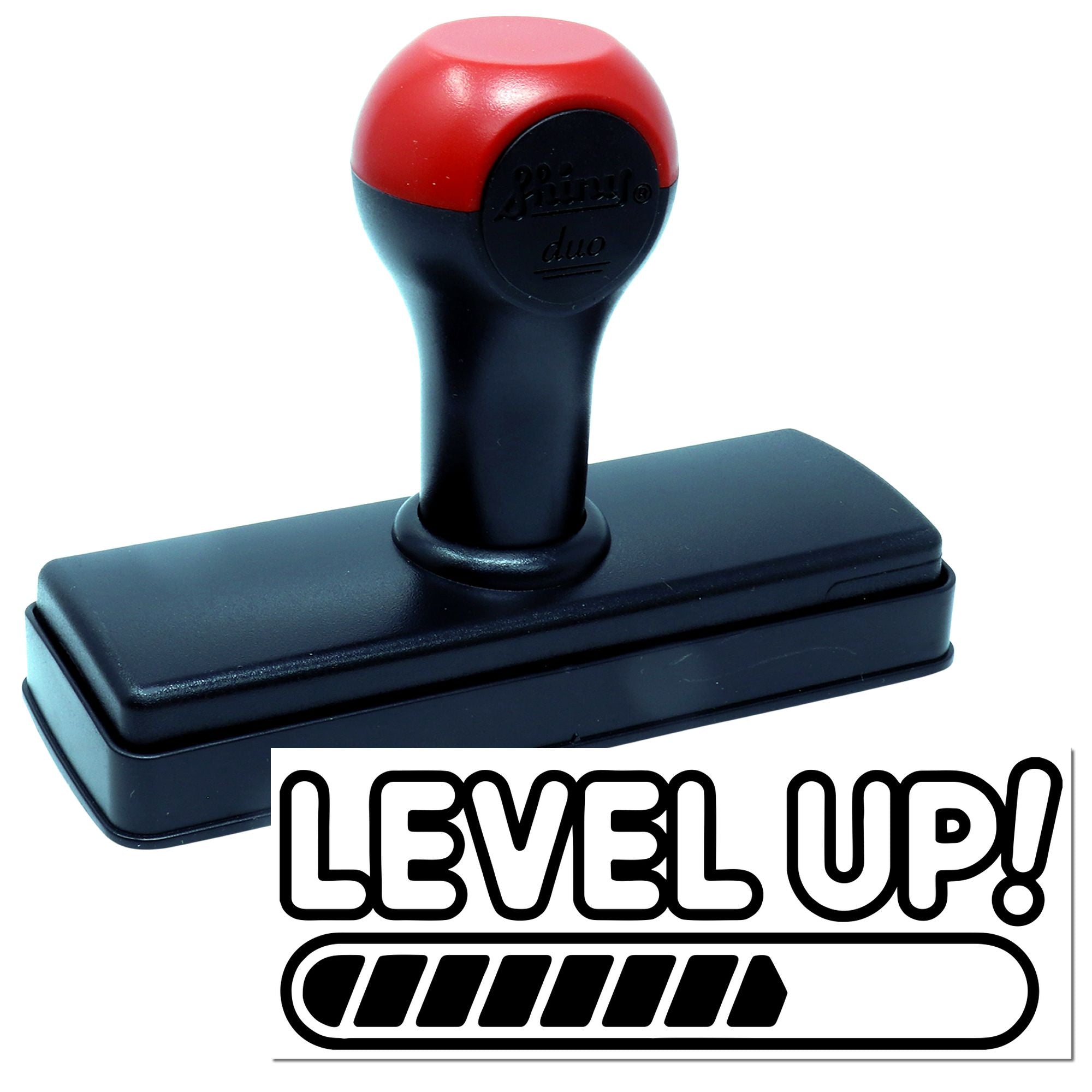 Custom self-inking rubber stamp with Level Up progress bar design for motivational business and office branding.
