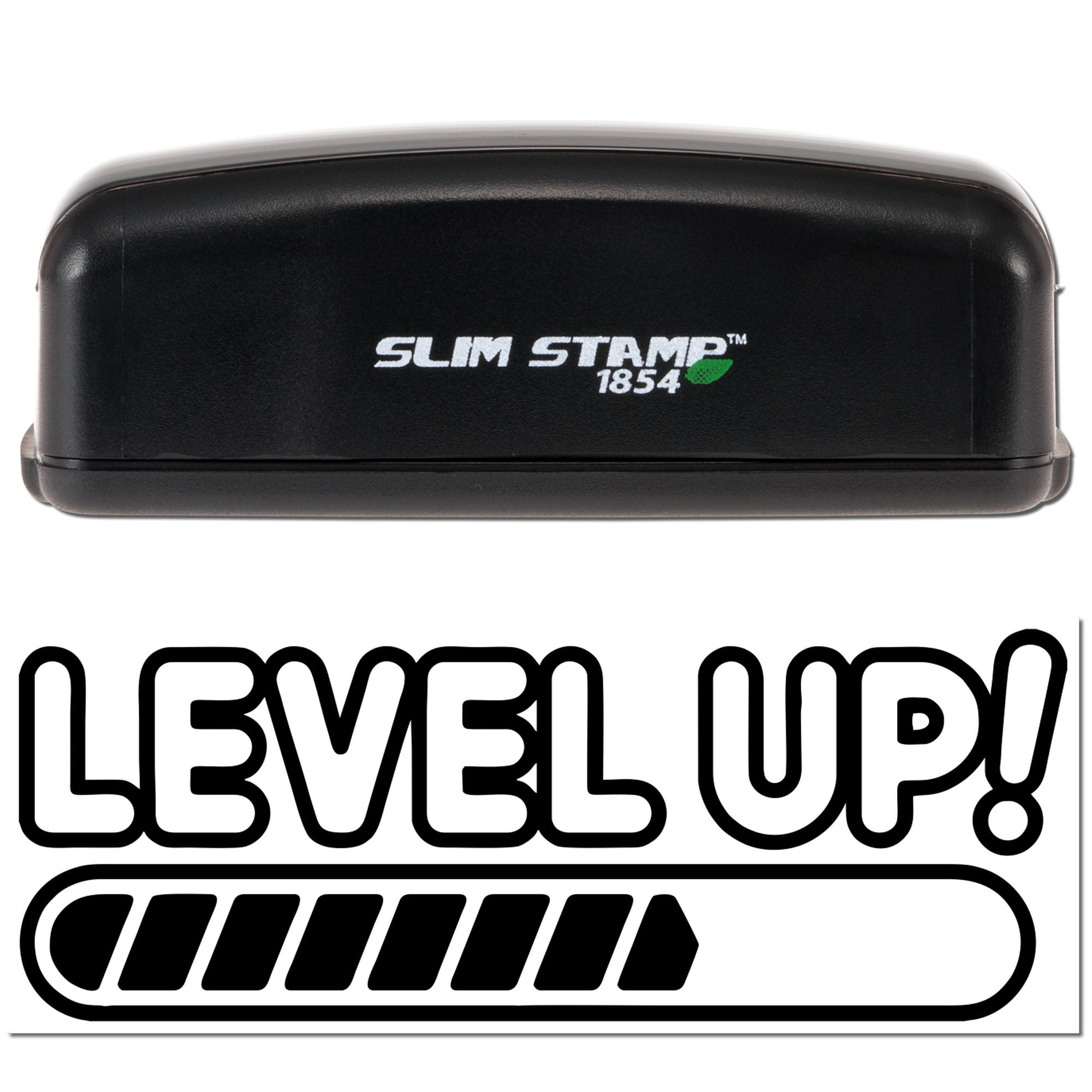 Level Up! motivational rubber stamp with progress bar design, Slim Stamp 1854 self-inking stamp.