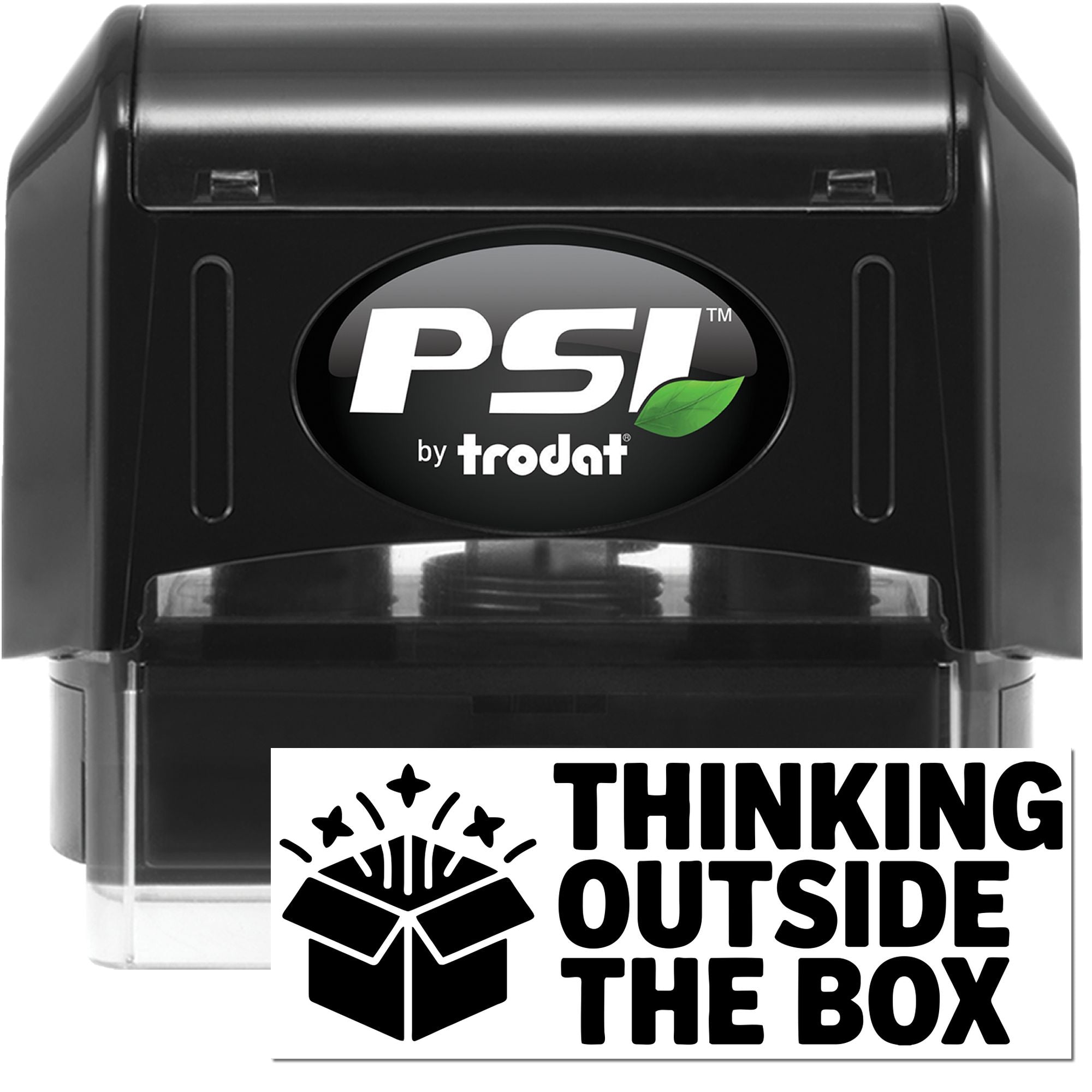 PSI by Trodat self-inking rubber stamp with Thinking Outside the Box slogan for creative branding.