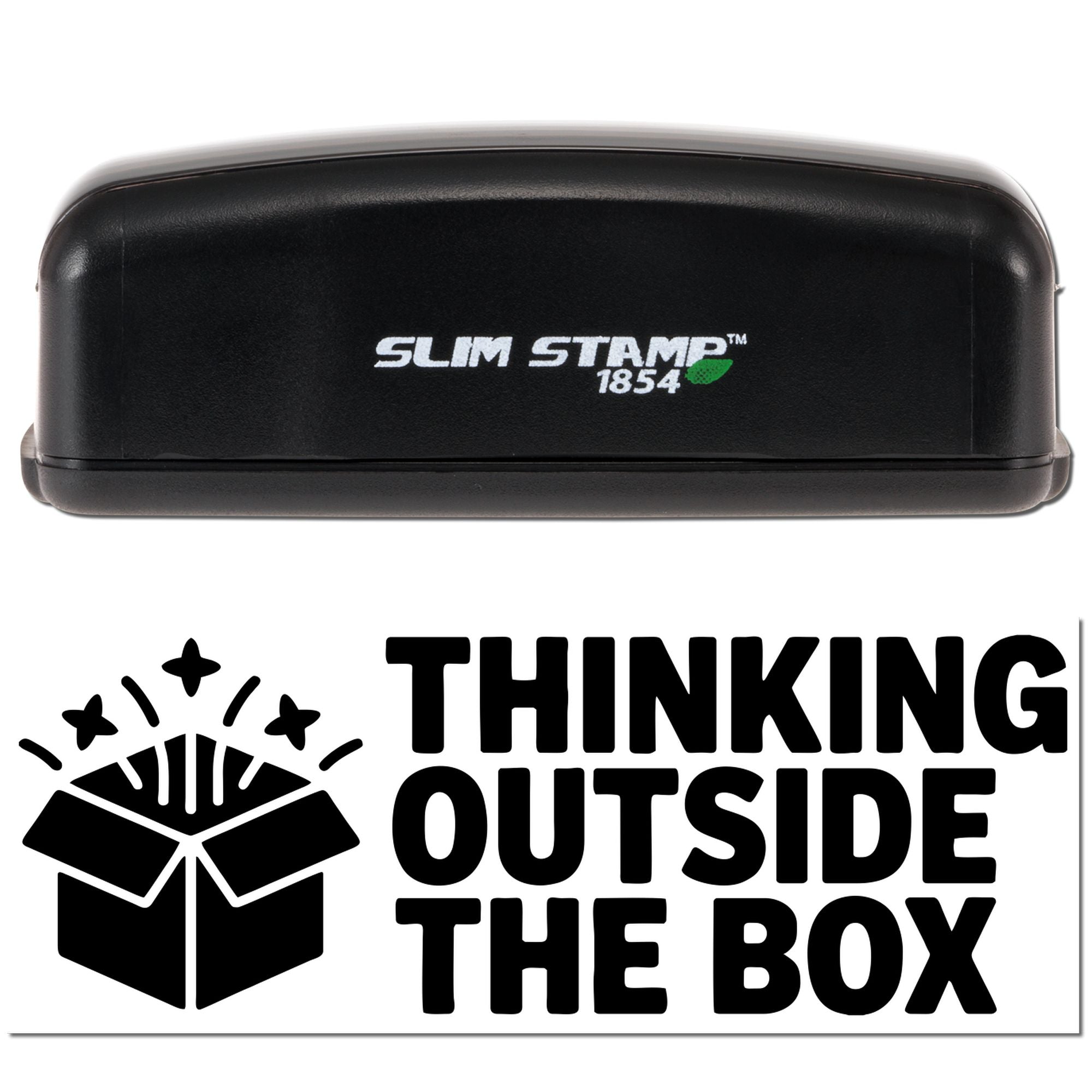 Slim Stamp 1854 rubber stamp with Thinking Outside the Box design for creative packaging and business branding.