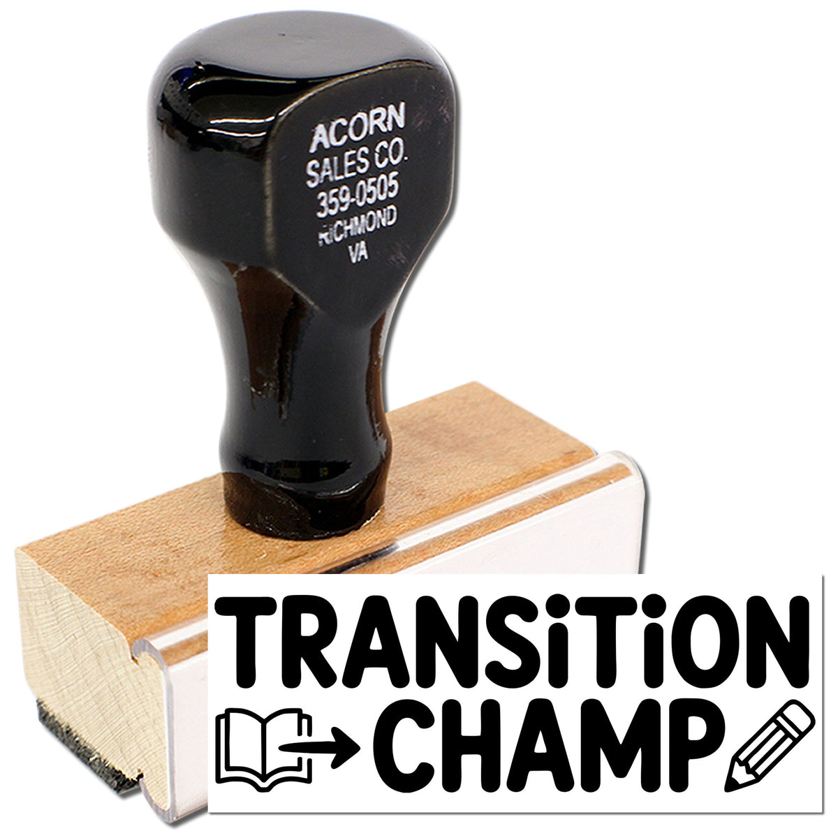 Custom Transition Champ rubber stamp with book, arrow and pencil icons for student progress or special education recognition.