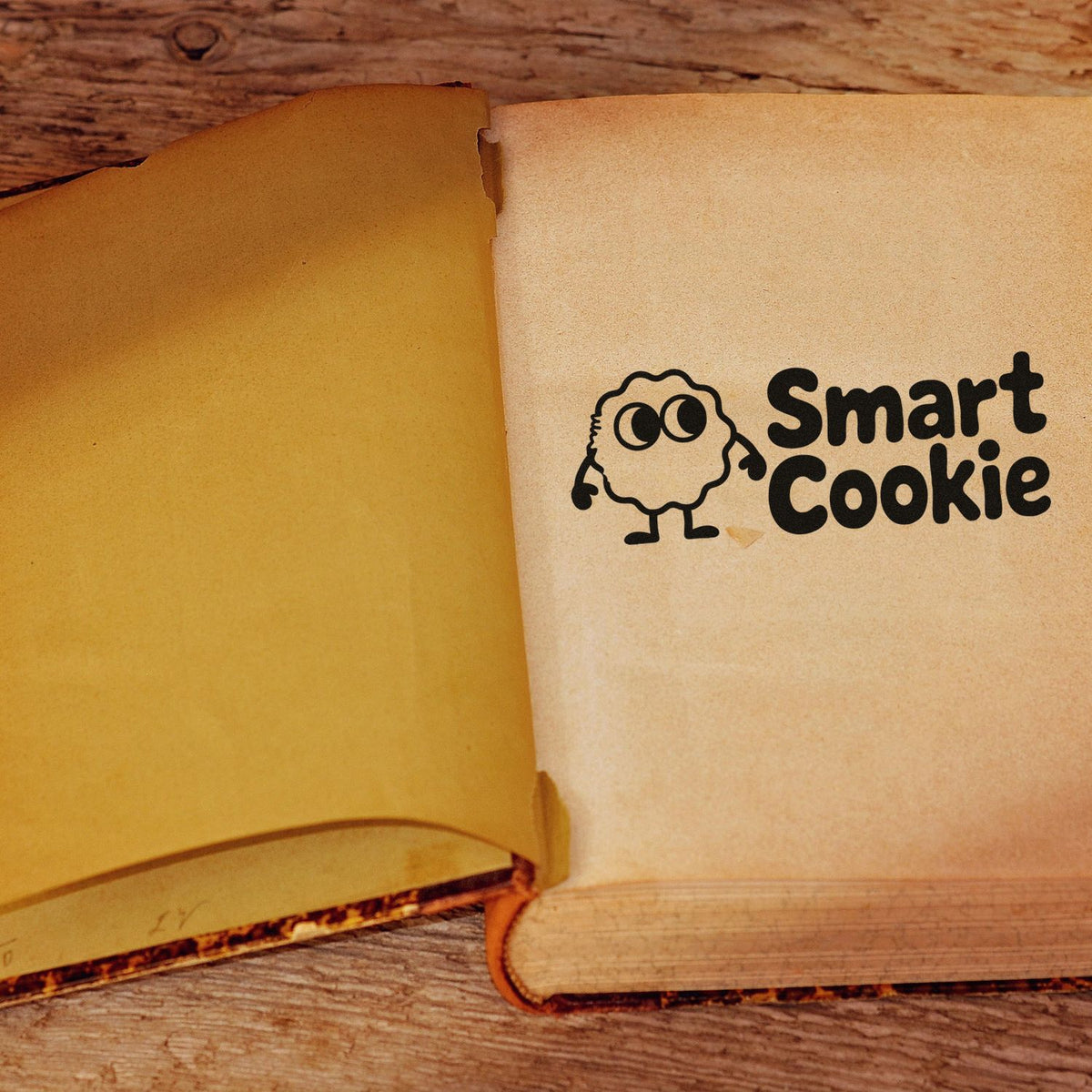 Smart Cookie rubber stamp imprint on an open book page, perfect for teacher gifts, bakery branding, and custom craft stamping.
