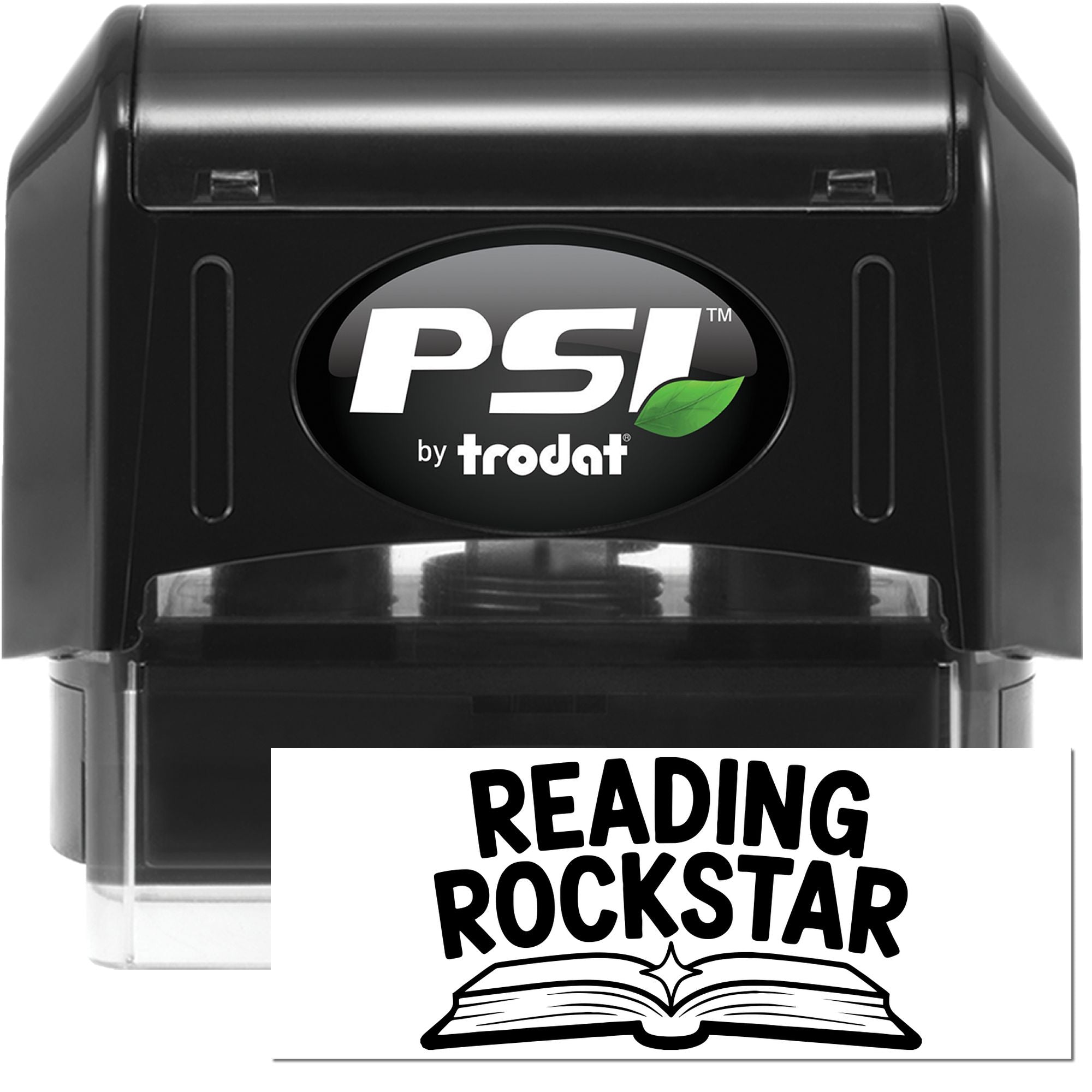 PSI by Trodat self-inking rubber stamp with Reading Rockstar design for teachers, libraries, and student reading rewards.