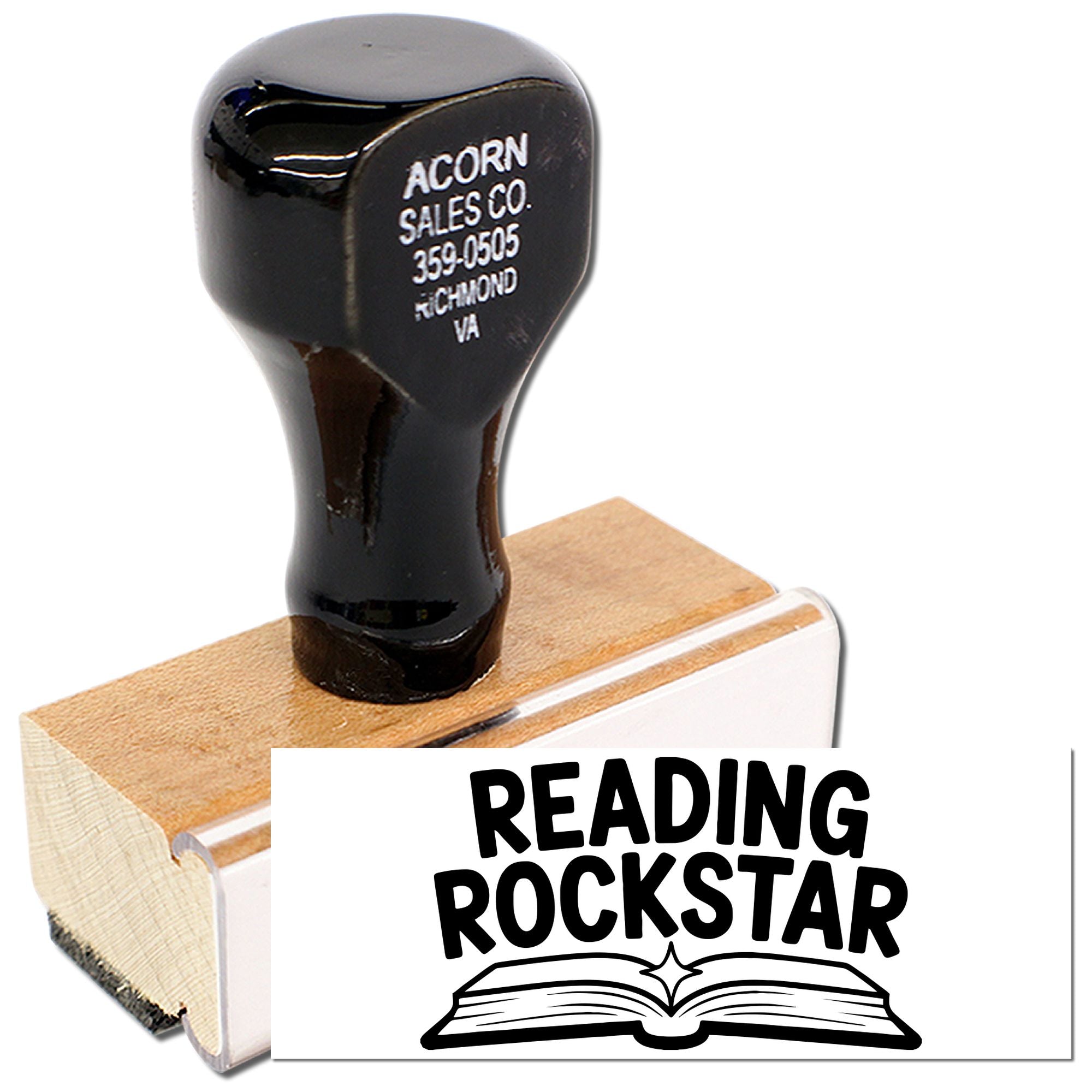 Custom Reading Rockstar rubber stamp with open book design for teachers, librarians, and classroom rewards.