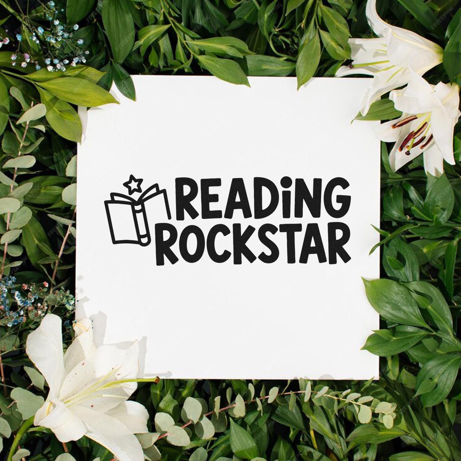 Reading Rockstar rubber stamp design with open book icon for teacher rewards, classroom crafts, and library-themed stamping.