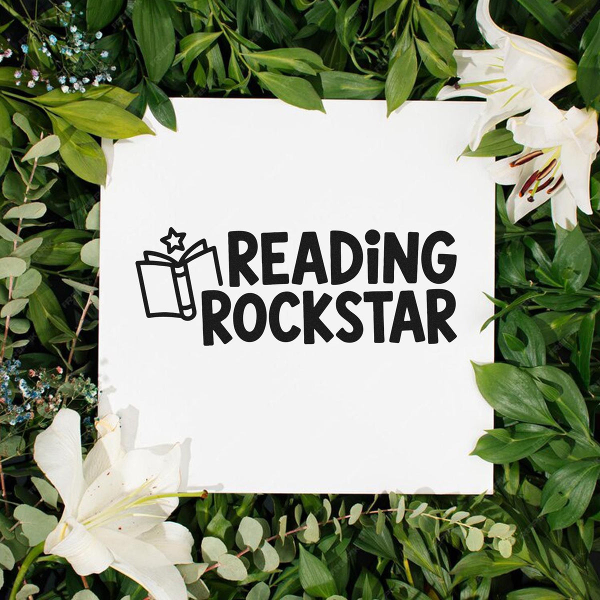 Reading Rockstar rubber stamp design with open book icon, ideal for teacher rewards, classroom decor, and literacy crafts.