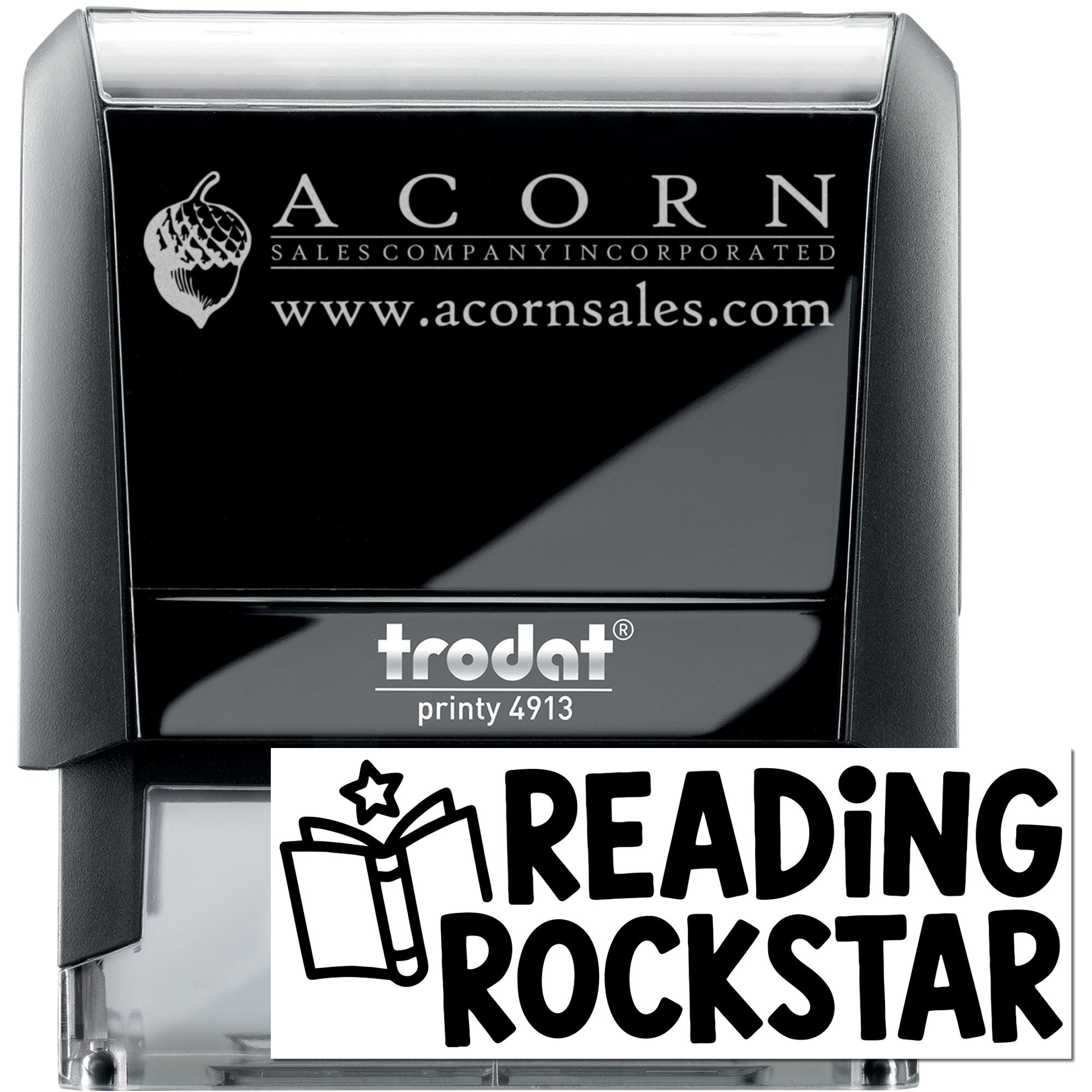 Custom self-inking rubber stamp with Acorn Sales logo and Reading Rockstar imprint design