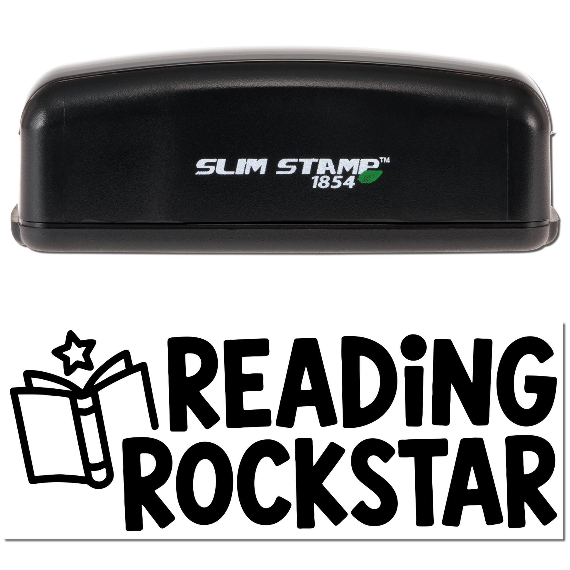 Reading Rockstar Slim Stamp 1854 rubber stamp with book icon, ideal for classroom and library reward marking.