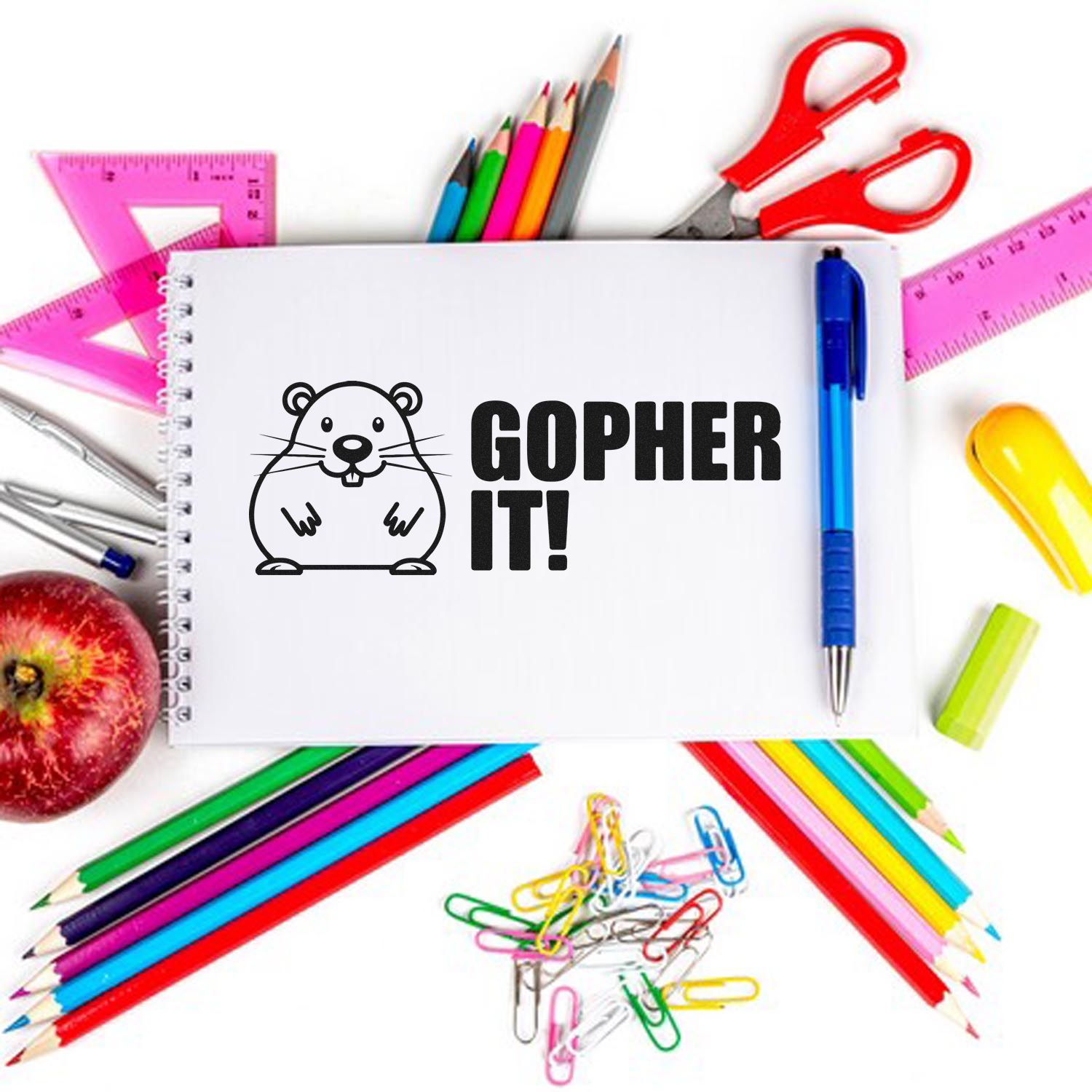 Gopher It! rubber stamp design with cartoon gopher, framed by colorful school supplies for classroom and teacher projects.