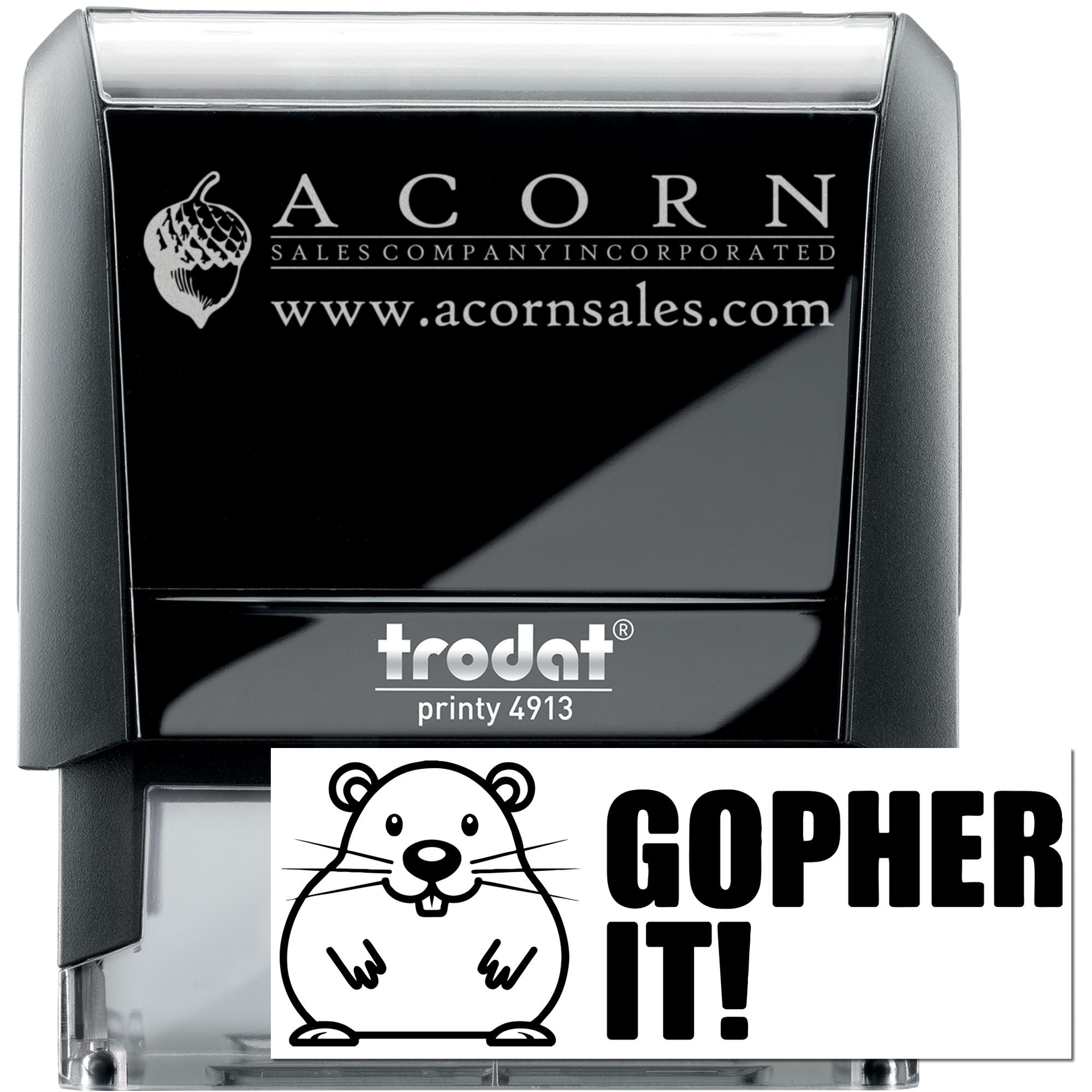 Custom self-inking rubber stamp with Acorn Sales logo and Gopher It! design for business branding.