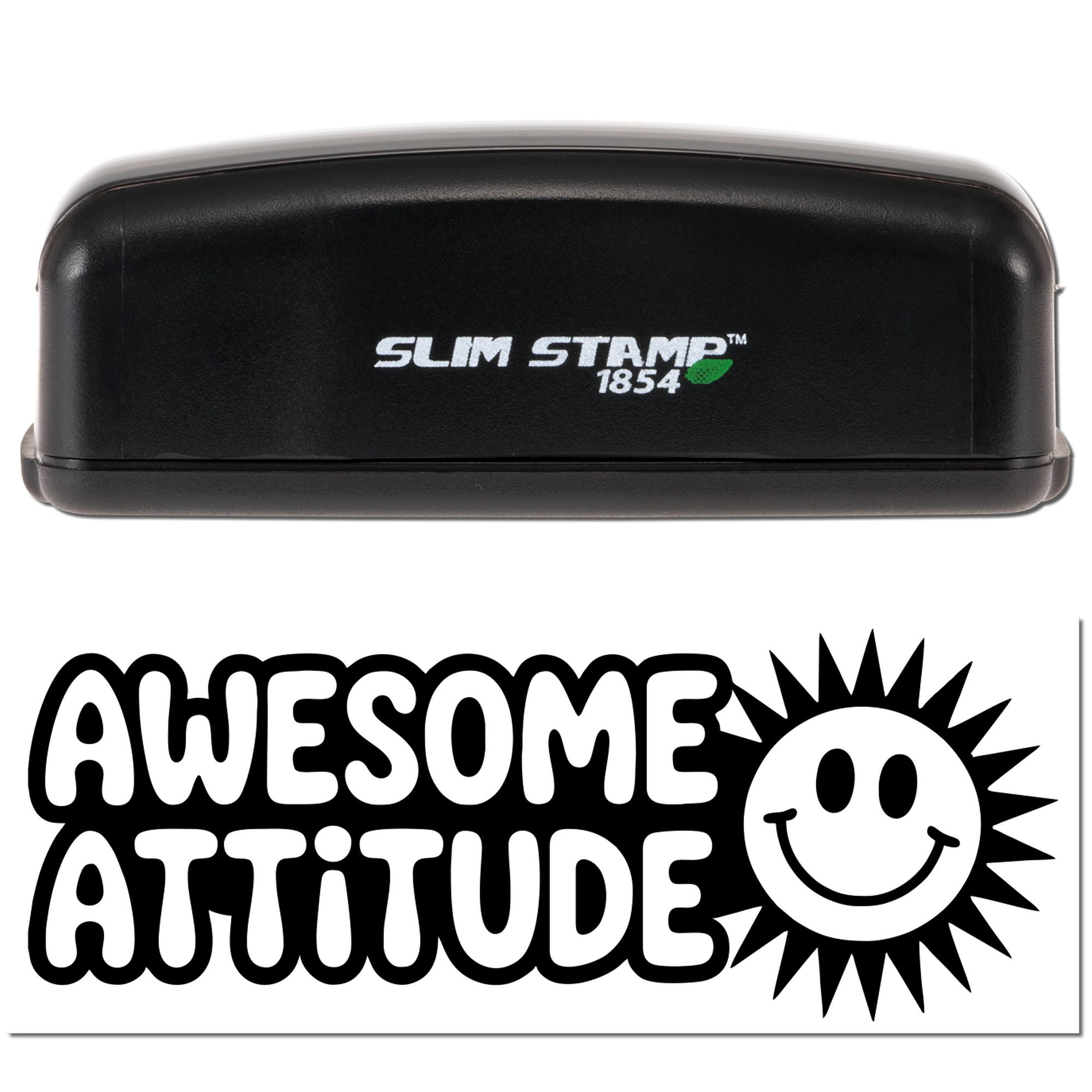 Slim Stamp 1854 rubber stamp with Awesome Attitude smiley sun design for custom motivational crafting.
