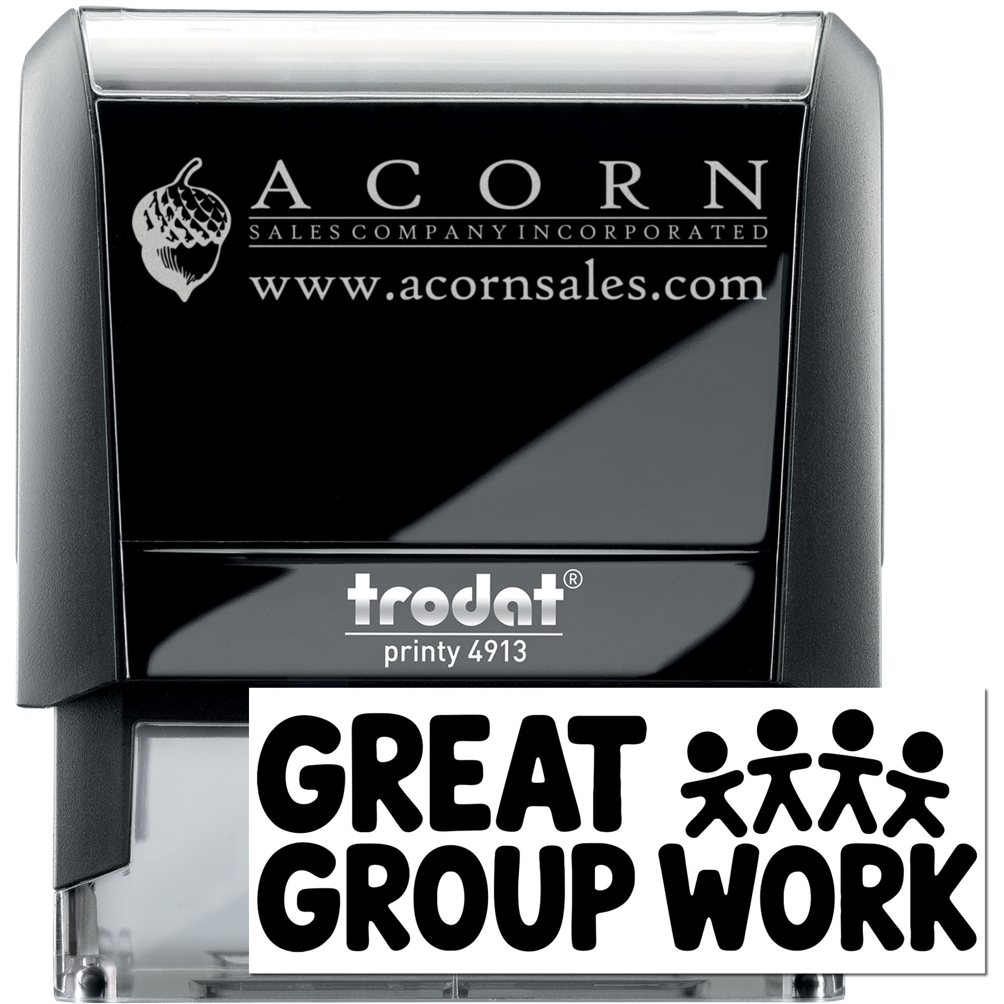 Custom self-inking rubber stamp for Acorn Sales Company with logo and website, designed for business branding.