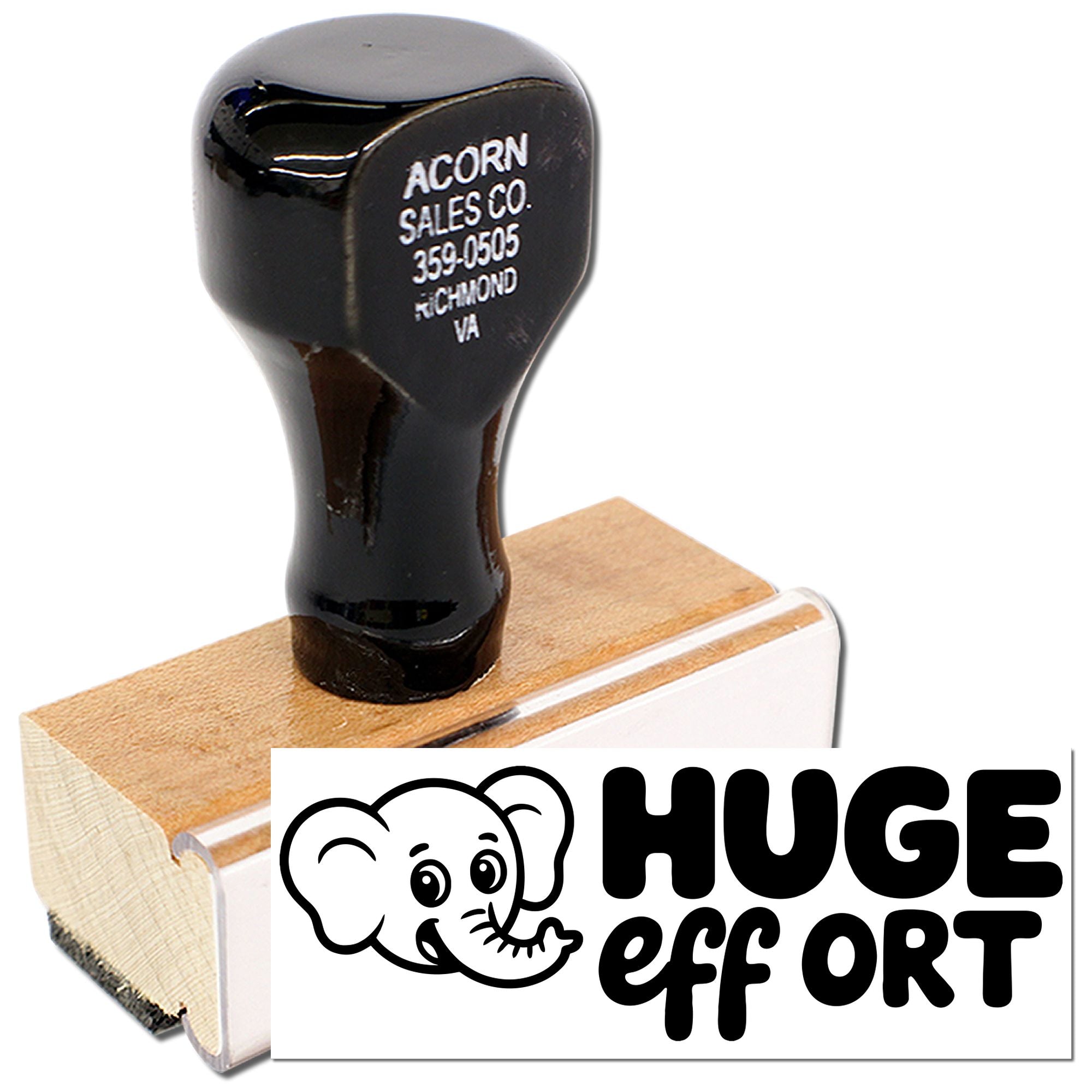 Custom rubber stamp on wood mount with Huge Effort elephant logo for business branding