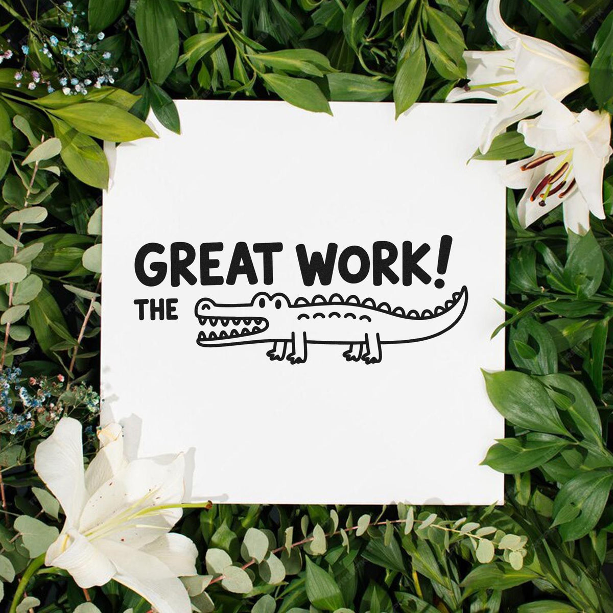 Great Work! crocodile rubber stamp design on white paper, ideal for teacher rewards, notes, and classroom grading.