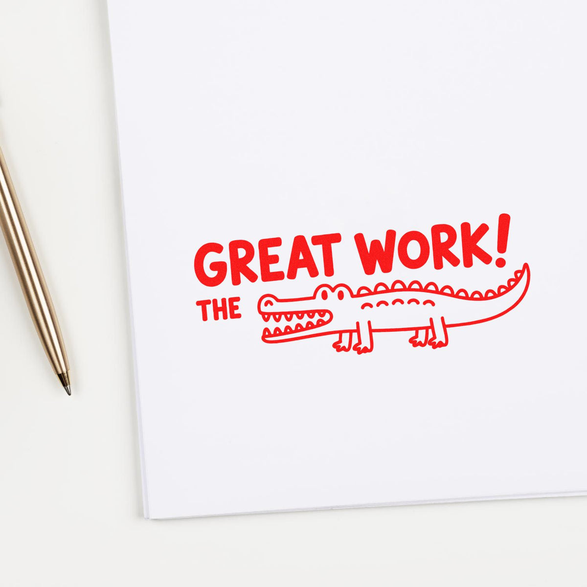 Great Work! The crocodile rubber stamp on notebook paper for teacher feedback, office recognition, or craft projects.