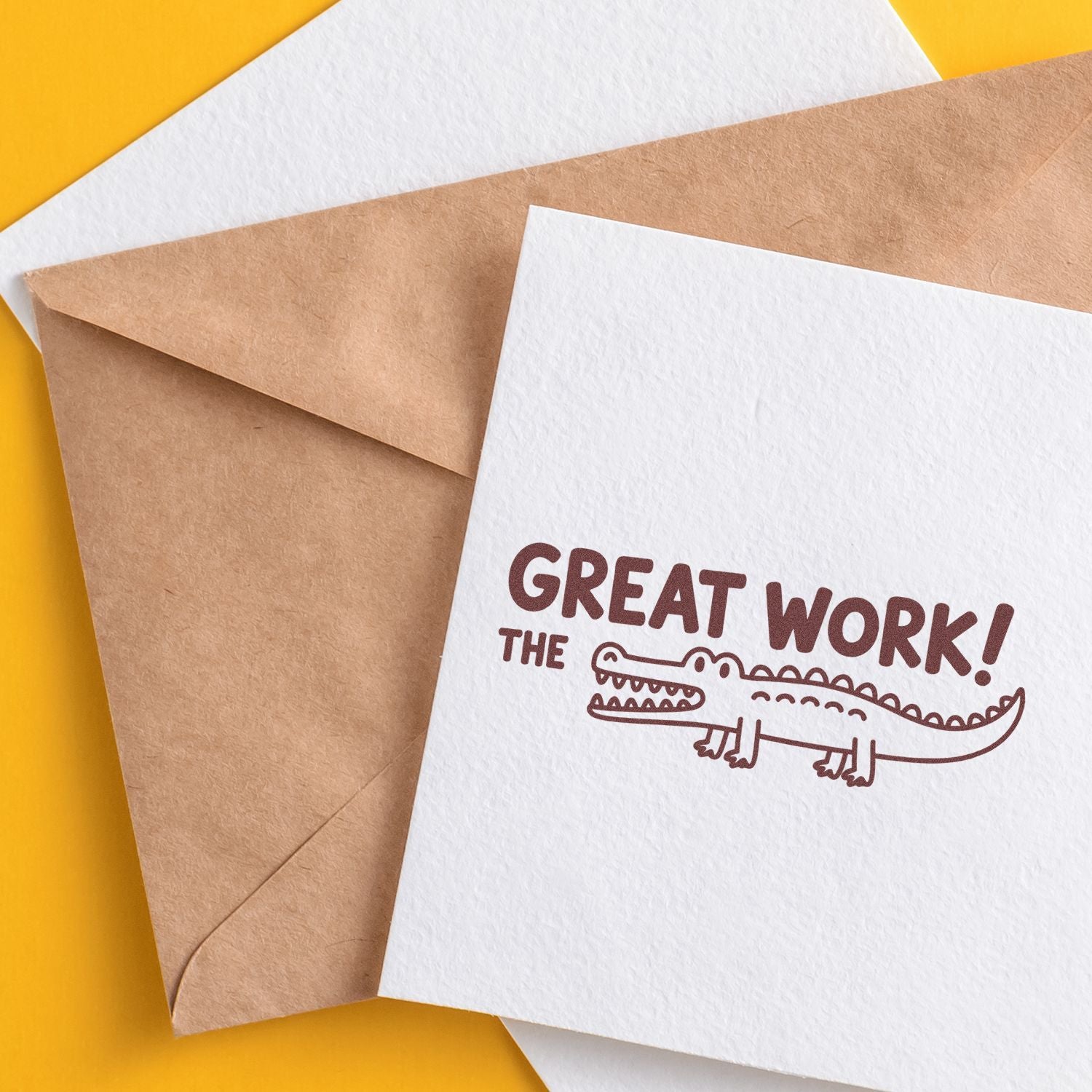 Great Work rubber stamp on greeting card with crocodile design for thank-you notes, packaging, and branding
